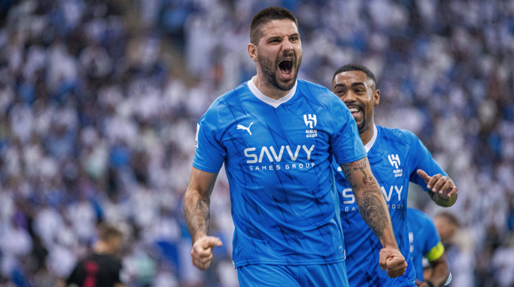 Aleksandar Mitrovic celebrates after scoring for Al-Hilal during a Saudi Pro League match, accessed on Apr. 6, 2025. (Photo via IMAGO)