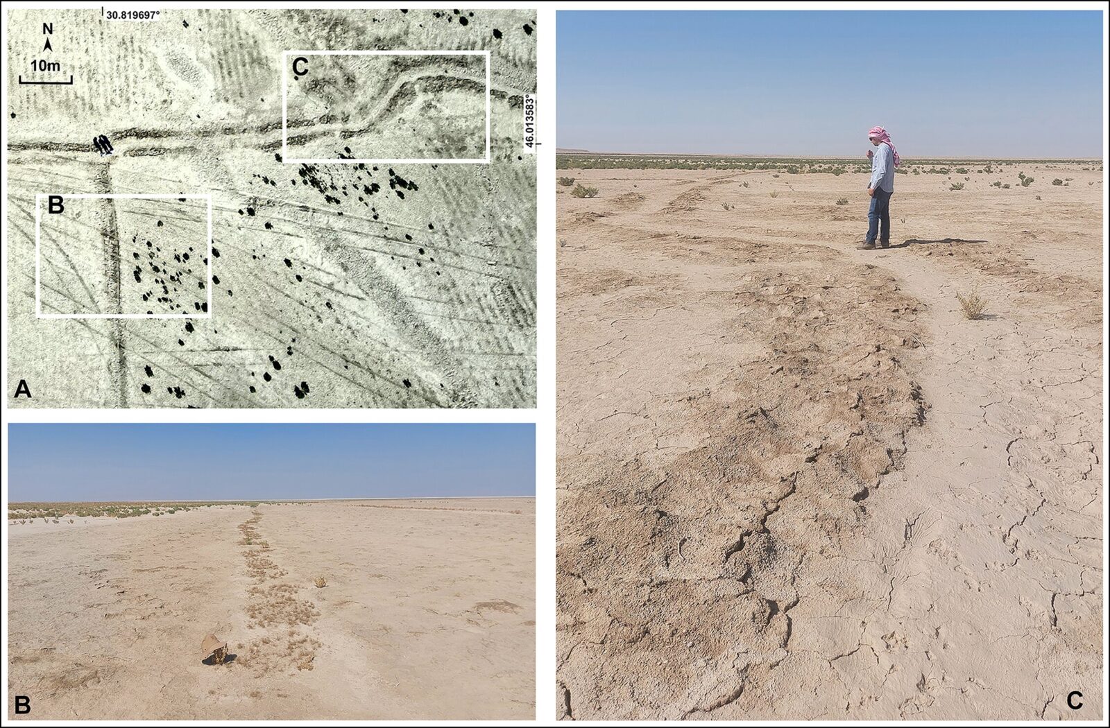 Researchers have uncovered a vast and well-preserved network of ancient irrigation canals in the Eridu region of southern Mesopotamia: A) drone images show two minor irrigation canals; B & C) photographs of the two small canals (figure by authors), 2025. (Photos via <a href=