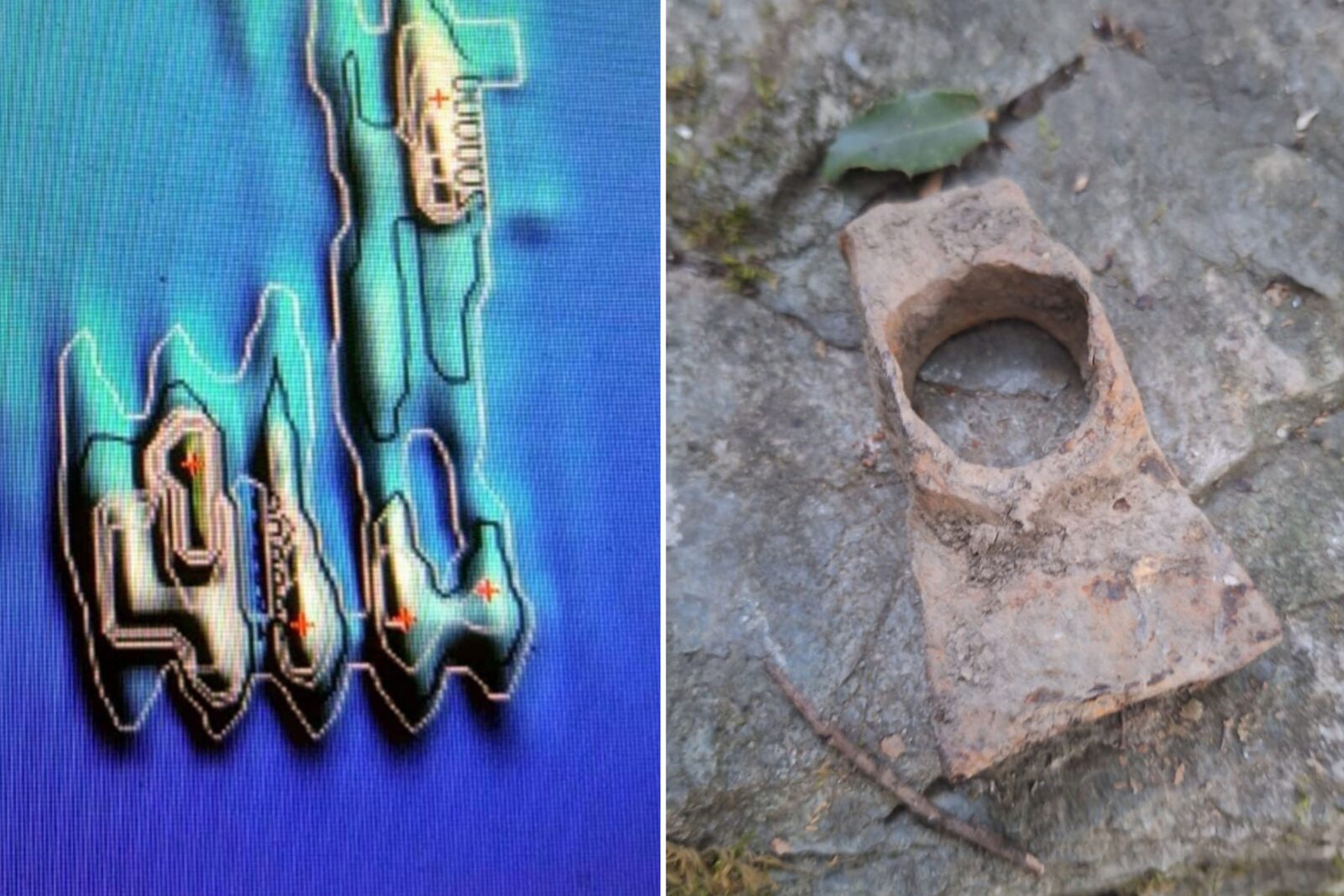 An underground scanning image (L) and a stonemason’s tool (R) seized from the site presented to Turkish media by an illegal treasure hunter who claims to have discovered the location of the First Council in the Orhangazi district of Bursa, Türkiye, April 25, 2025. (IHA Photo)