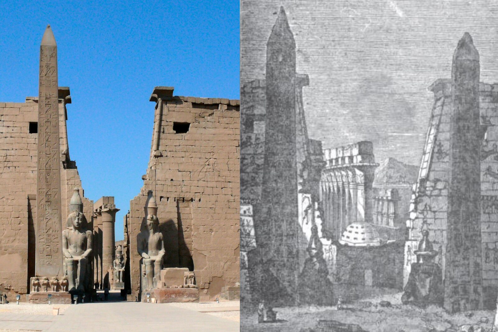 Left: A different obelisk from the one stolen; Right: An 1832 illustration of Luxor Temple before the right obelisk was moved to Paris. (Photos via Wikimedia)
