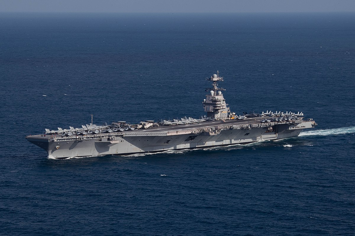The U.S. Navy aircraft carrier USS Gerald R. Ford (CVN-78) steams the Atlantic Ocean during a simulated straits transit with the Gerald R. Ford Carrier Strike Group (GRFCSG) in the Atlantic Ocean, 9 October 2022. (US Navy)