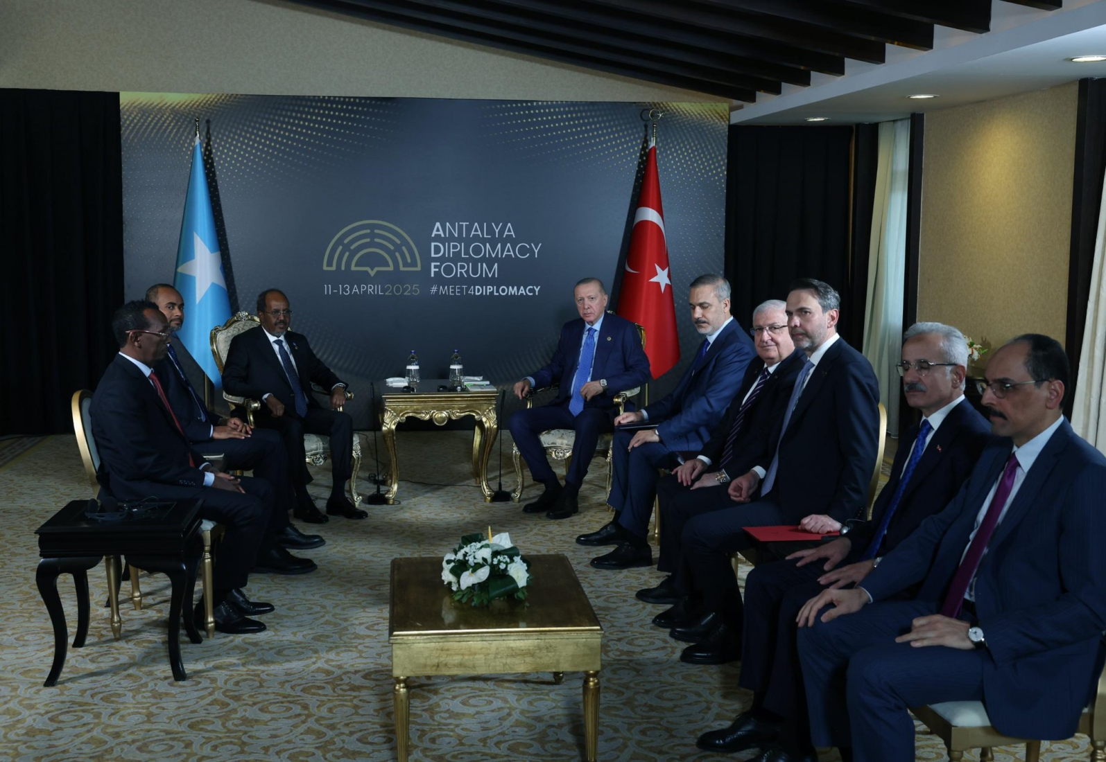 Türkiye's Energy Minister Alparslan Bayraktar takes part in talks with Sudanese officials, led by Sovereignty Council Chairman Abdel Fattah al-Burhan, alongside President Recep Tayyip Erdogan at the Antalya Diplomacy Forum in Türkiye, on Apr. 12, 2025. (Photo via X/@aBayraktar1)