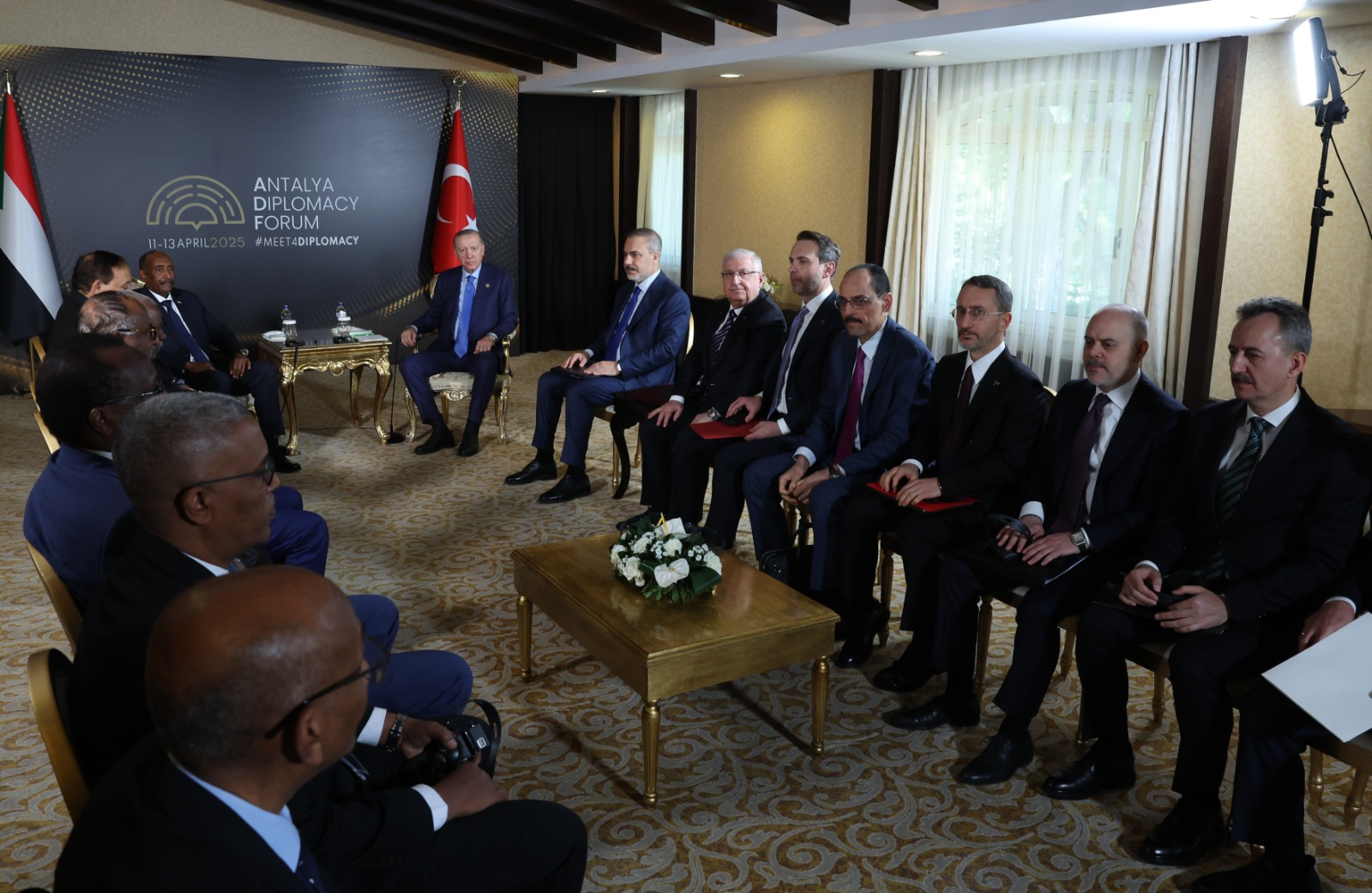 Türkiye's Energy Minister Alparslan Bayraktar takes part in talks with Sudanese officials, led by Sovereignty Council Chairman Abdel Fattah al-Burhan, alongside President Recep Tayyip Erdogan at the Antalya Diplomacy Forum in Türkiye, on Apr. 12, 2025. (Photo via X/@aBayraktar1)