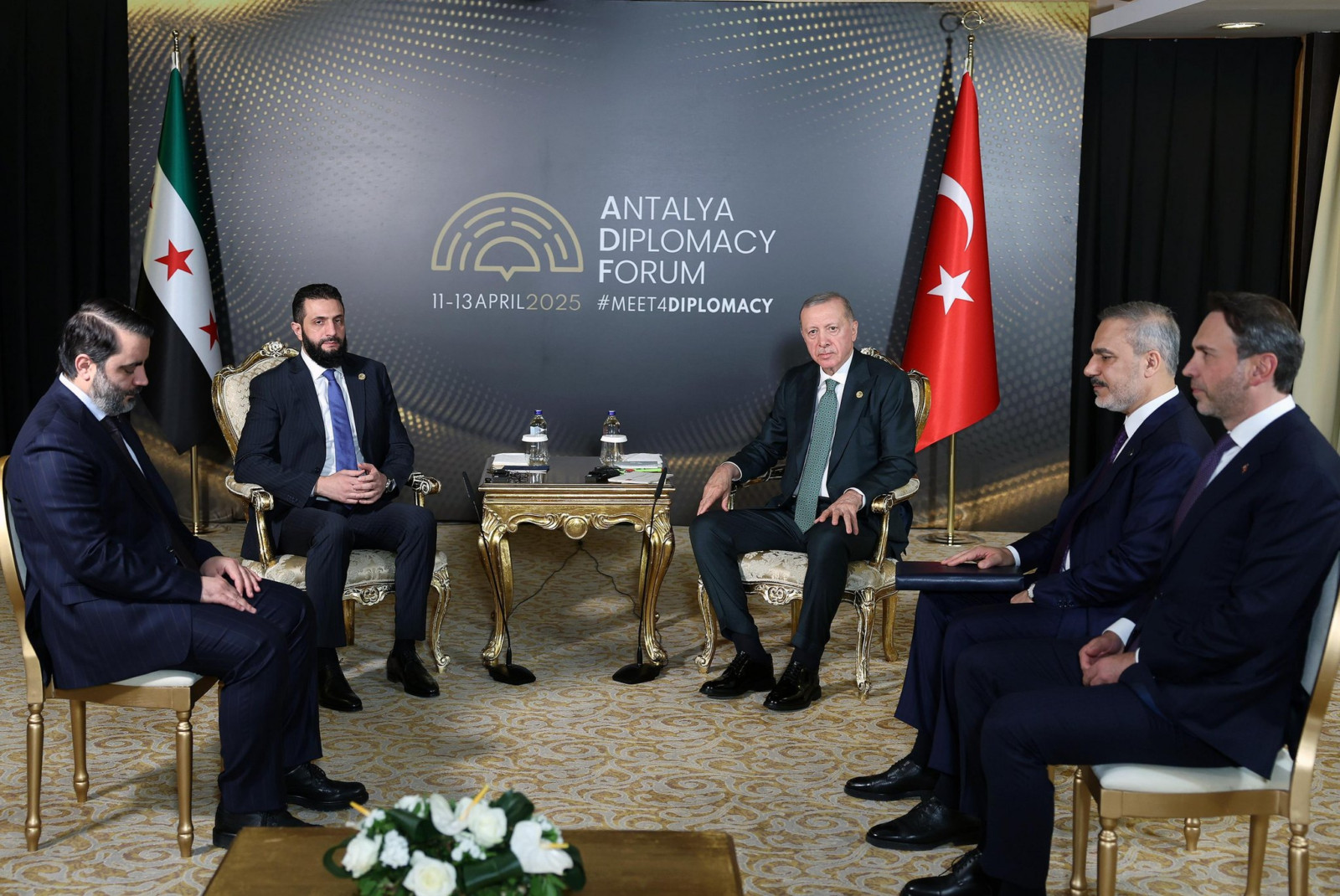 Türkiye's Energy Minister Alparslan Bayraktar joins President Recep Tayyip Erdogan in talks with Syrian President Ahmed Shara at the Antalya Diplomacy Forum in Türkiye, on Apr. 12, 2025. (Photo via X/@aBayraktar1)