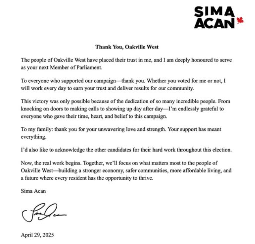 Sima Acan's thank you letter, April 29, 2025. (SimaAcanLPC via Facebook)