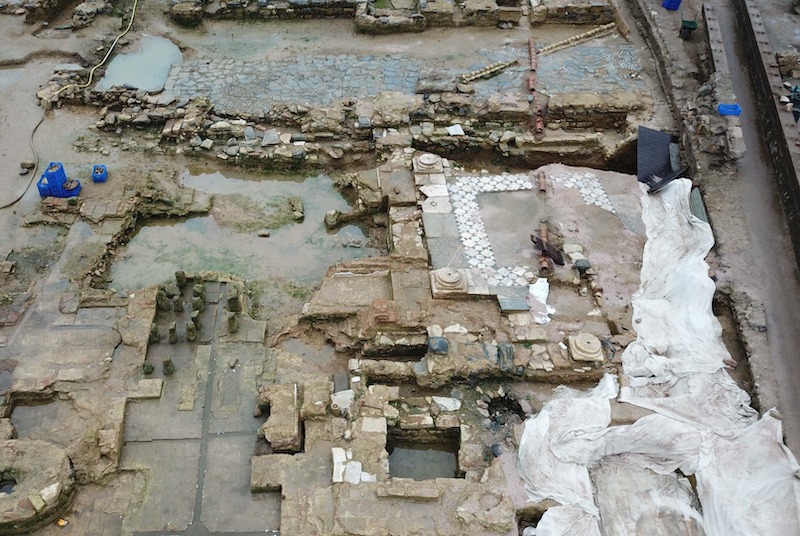An aerial view of the church unearthed during archaeological works at Haydarpasa Train Station in Kadikoy, Istanbul, Türkiye. (IHA Photo)