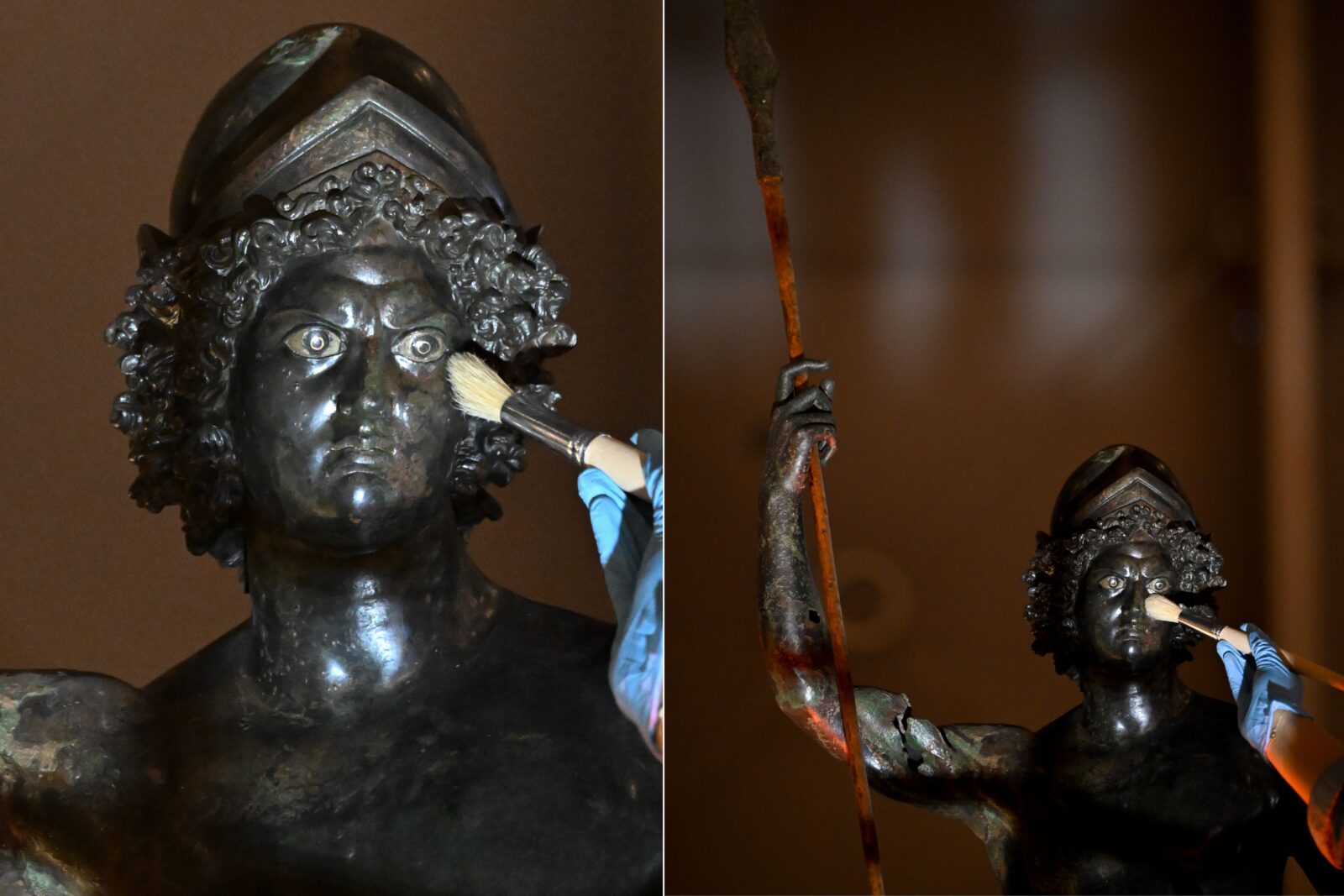 The 2,000-year-old bronze statue of Mars, symbolizing fertility and power, is currently on display and carefully preserved by expert restorers at the Zeugma Mosaic Museum in Gaziantep, Türkiye, April 17, 2025. (AA Photo)