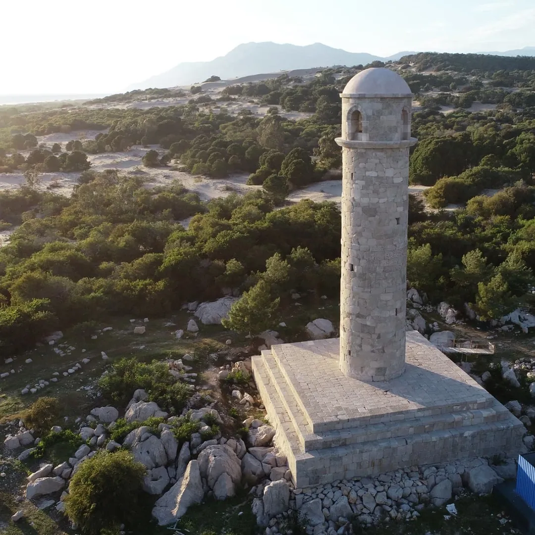 Aerial view of the 2,000-year-old Patara Lighthouse in the Kas district of Antalya, Türkiye, April 15, 2025. (Photo via Patara Excavations)