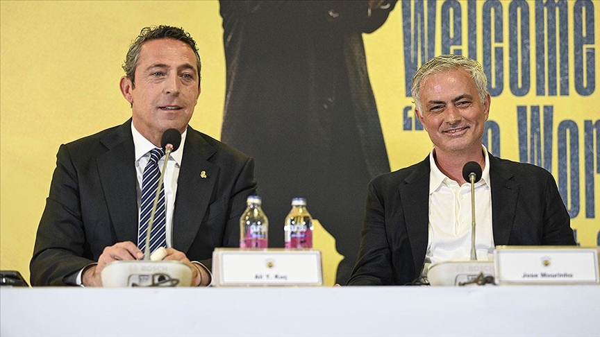 Fenerbahce President and Koc Holding Deputy Chair Ali Koc speaks during a press conference introducing Portuguese manager Jose Mourinho in Istanbul, Türkiye, on June 3, 2024. (AA Photo)