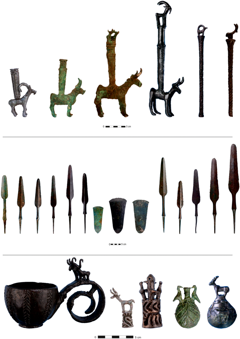 A selection of metallic, copper-base tomb goods from Basur Hoyuk, Siirt, Türkiye. (Photo via Basur Hoyuk Research Project; Cambridge Archaeological Journal)