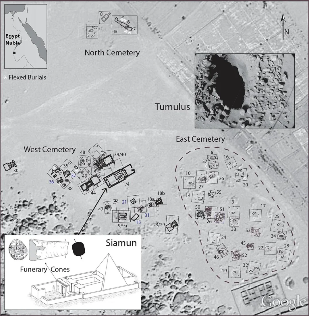A plan of the Tombos Cemetery from 2025 highlights the three main cemetery areas—North, West, and East—and illustrates examples of tumulus and pyramid burial structures. (Photo via Journal of Anthropological Archaeology)