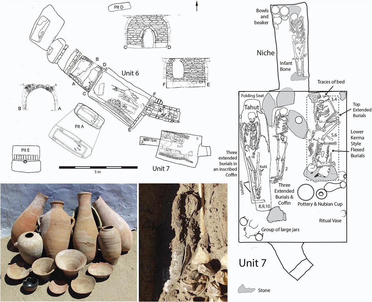 Units 6 and 7 in the Northern Cemetery include detailed views of the tomb in Unit 7, featuring pottery finds such as a Nubian-style blacktopped redware bowl and the in situ Ushabti of Tahut, 2025. (Photo via Journal of Anthropological Archaeology)