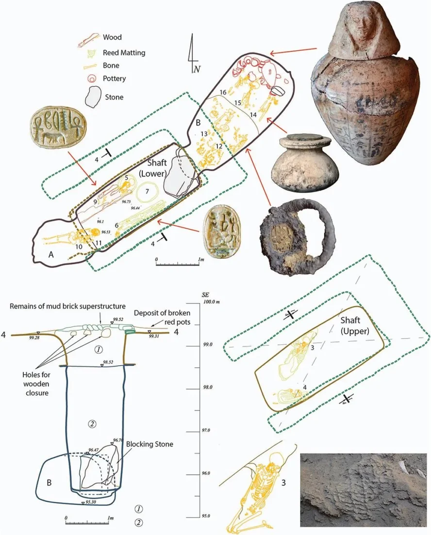 Unit 36, Shaft 2 in the Western Cemetery displays burials within both the shaft and the main chamber. The accompanying images show scarabs from modest burials and artifacts from the main chamber, including one of four canopic jars dedicated to the Lector Priest Hapi, an Egyptian alabaster cosmetic vessel, and a silver-mounted scarab ring, 2025. (Photo via Journal of Anthropological Archaeology)