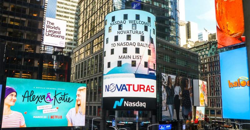 A digital billboard in Times Square welcomes Novaturas to the Nasdaq Baltic Main List in New York, U.S., accessed on May 1, 2025. (Photo via LinkedIn/ab-novaturas)