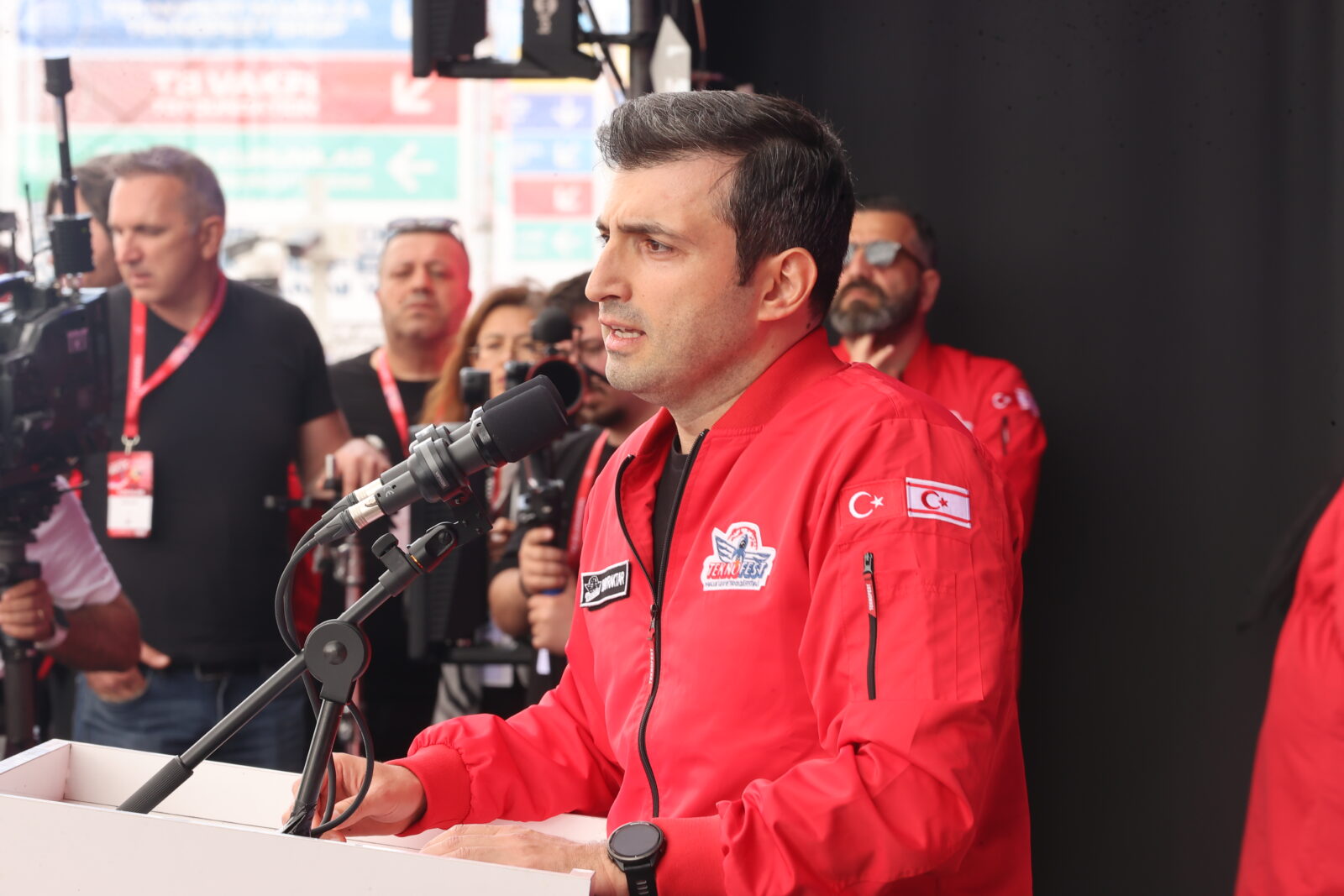 Teknofest Board of Directors and T3 Foundation Chairman of the Board of Trustees Selcuk Bayraktar makes a speech during the opening ceremony of Türkiye's premier technology and aerospace event Teknofest on its first day at Ercan Airport in Lefkosia, TRNC on May 01, 2025. (Turkish Industry and Technology Min / AA Photo)