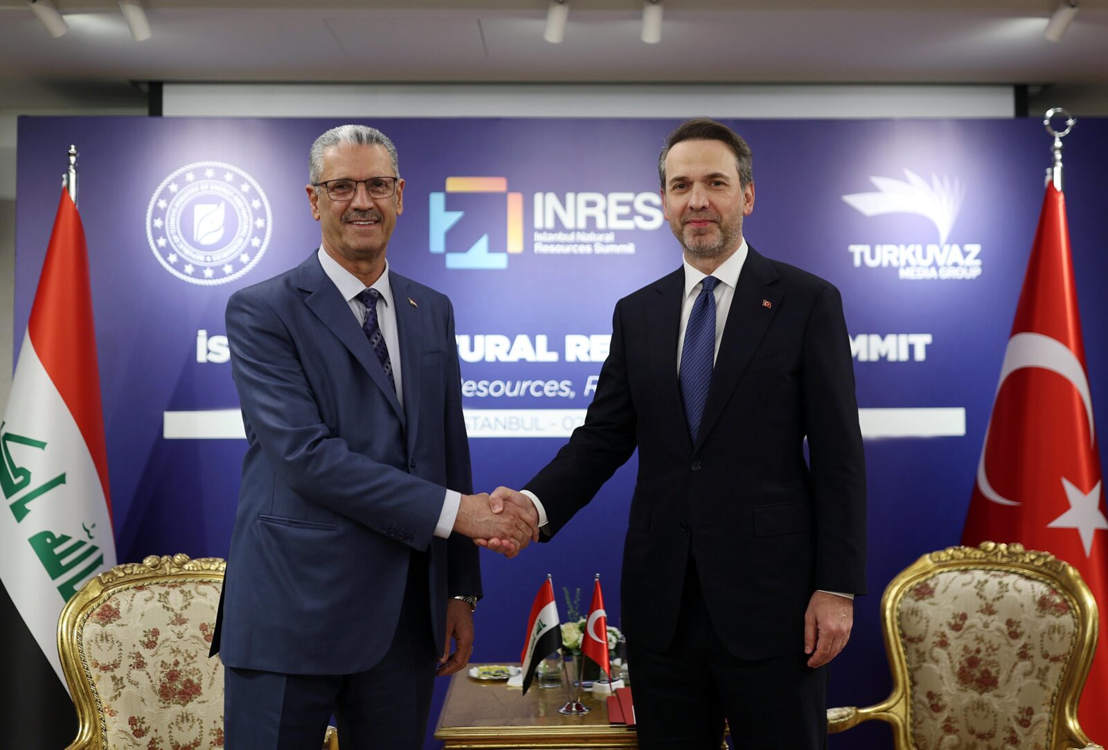 Turkish Energy and Natural Resources Minister Alparslan Bayraktar (right) meets with Iraq’s Deputy Prime Minister and Oil Minister Hayyan Abdulghani (left) as part of the Istanbul Natural Resources Summit in Istanbul, Türkiye, on May 1, 2025. (AA Photo)