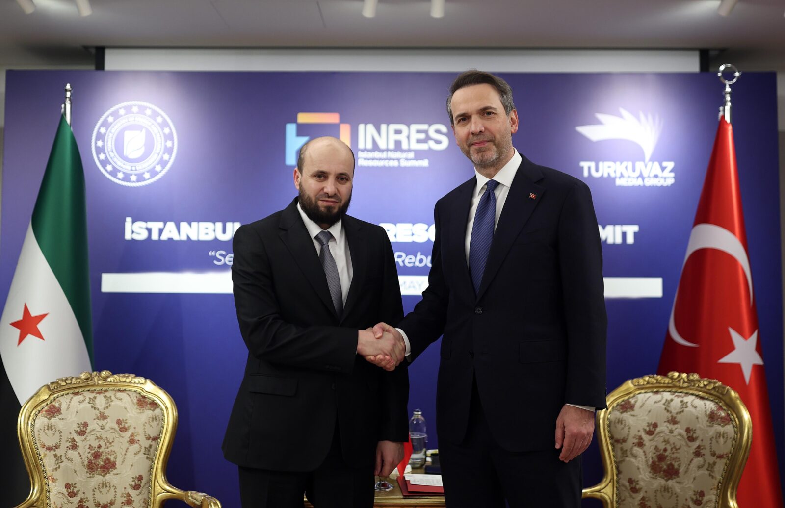 Turkish Energy and Natural Resources Minister Alparslan Bayraktar (right) meets with Syria’s Energy Minister Muhammad al-Bashir (left) as part of the Istanbul Natural Resources Summit in Istanbul, Türkiye, on May 1, 2025. (AA Photo)