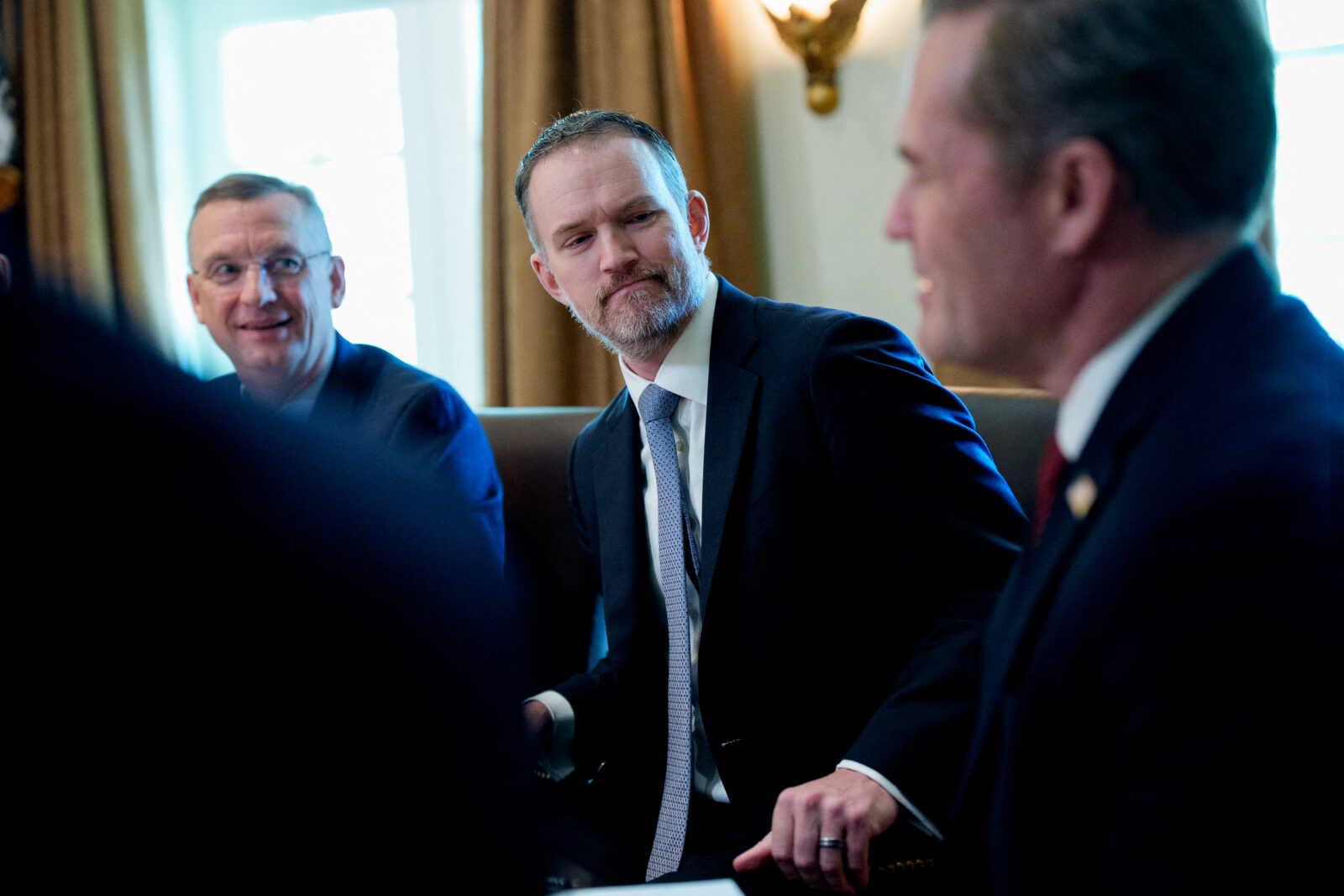 (L-R) Veterans Affairs Secretary Doug Collins, U.S. Trade Representative Jamieson Greer, and U.S. National Security Advisor Michael Waltz attend a Cabinet meeting at the White House in Washington, U.S. on April 30, 2025. (AFP Photo)