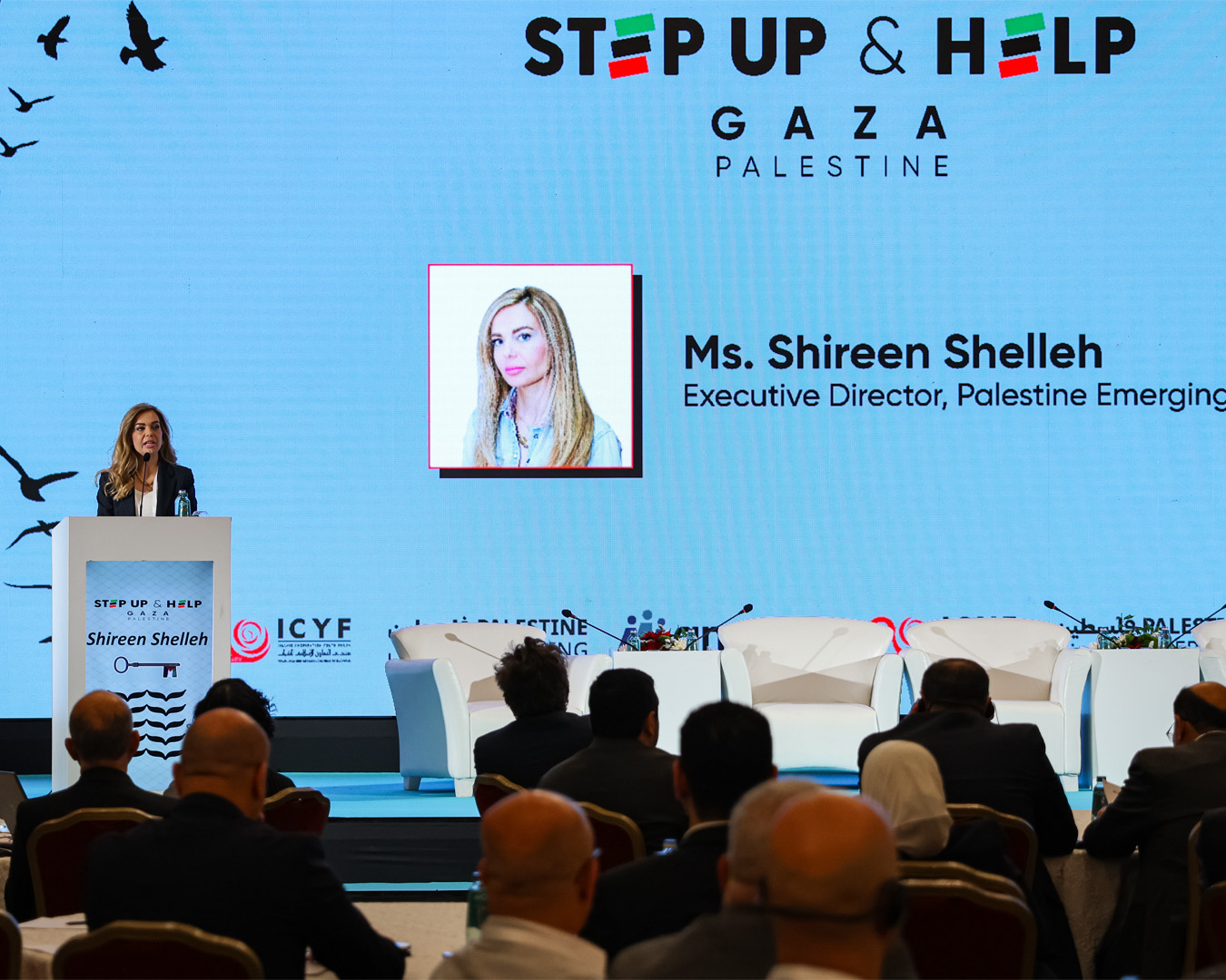 Shireen Shelleh, General Manager of Palestine Emerging, delivers a speech at the 