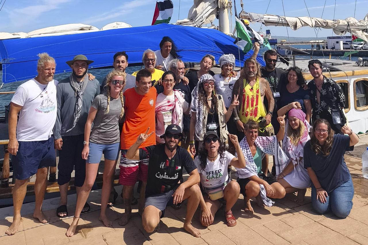 Crew of Global Sumud Flotilla, including Ognjen Markovic, a 24-year-old Serbian activist, pose for a photo on Sept. 30, 2025. (AA Photo)
