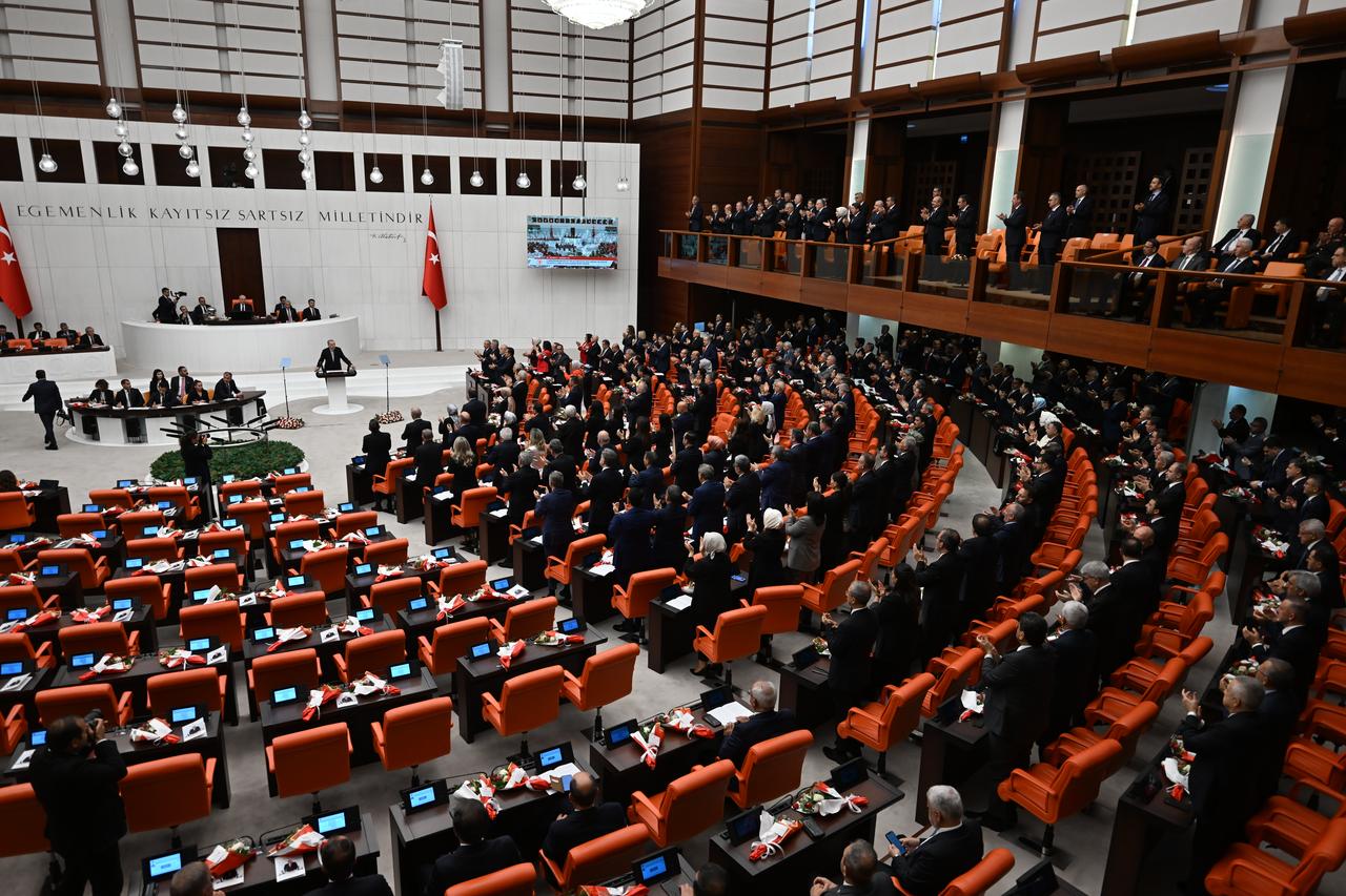 A general view of the hall as Turkish President Recep Tayyip Erdogan delivers remarks during the opening session of the 4th Legislative Year of the 28th term of Turkish Parliament in Ankara, Türkiye on Oct. 1, 2025. (AA Photo)