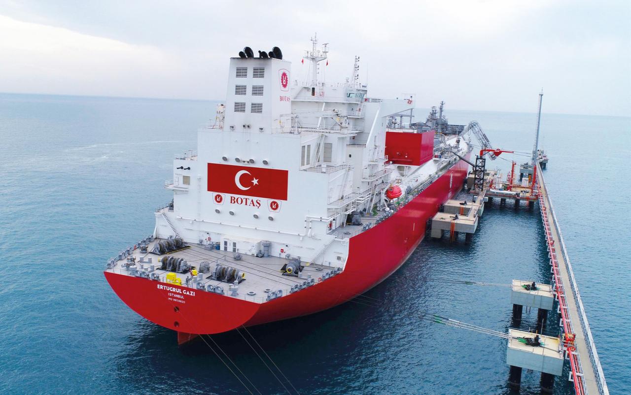Türkiye’s first floating storage and regasification unit (FSRU) Ertugrul Gazi is seen at the port in Dortyol in Türkiye’s southern province of Hatay, Feb. 3, 2022. (IHA Photo)