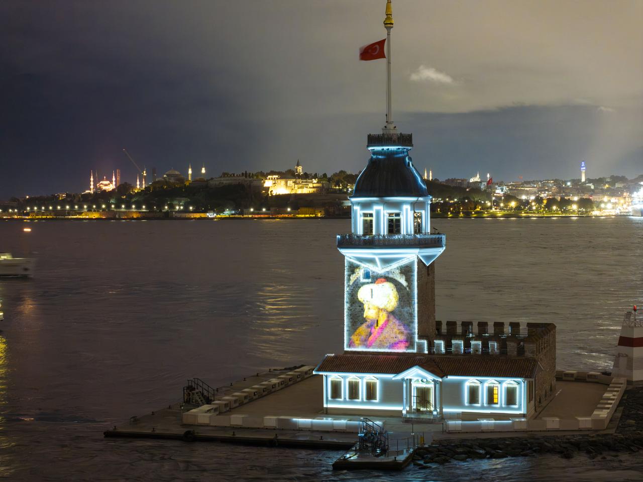 Sultan Mehmed II's portrait is video mapped onto the facade of the Maiden's Tower within Turkiye Culture Route Festival in Istanbul, Türkiye, Sept. 30, 2025. (AA PHoto)