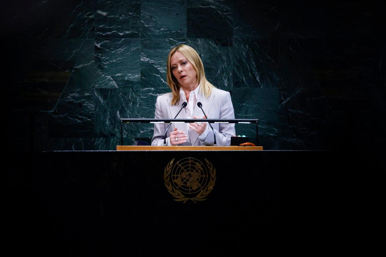 Italian Prime Minister Giorgia Meloni speaks during the General Debate of the United Nations General Assembly, in New York City, on September 24, 2025. (AFP Photo)