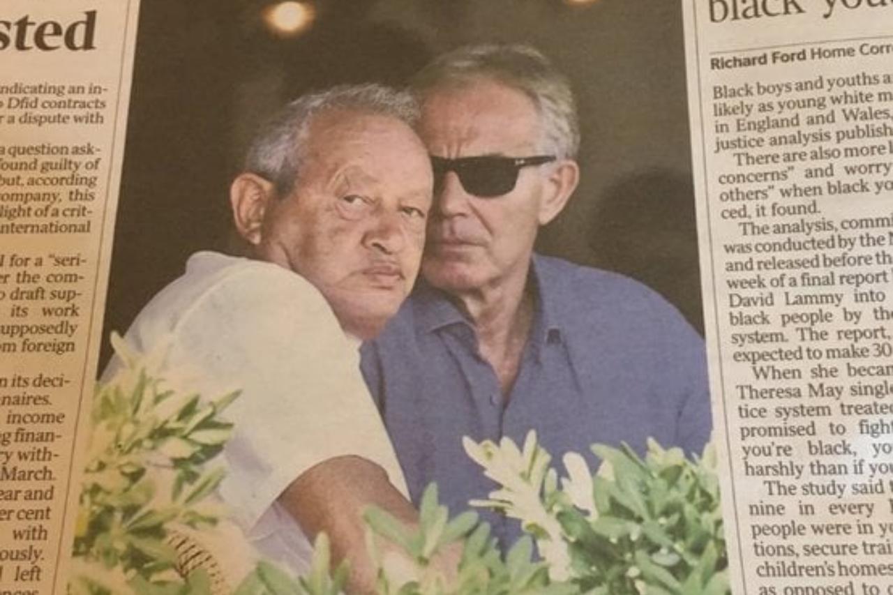 Tony Blair with Egyptian billionaire Naguib Sawiris having launch in Mykonos , Greece . ( Photo via Rattibha / @SamHope40223413 )