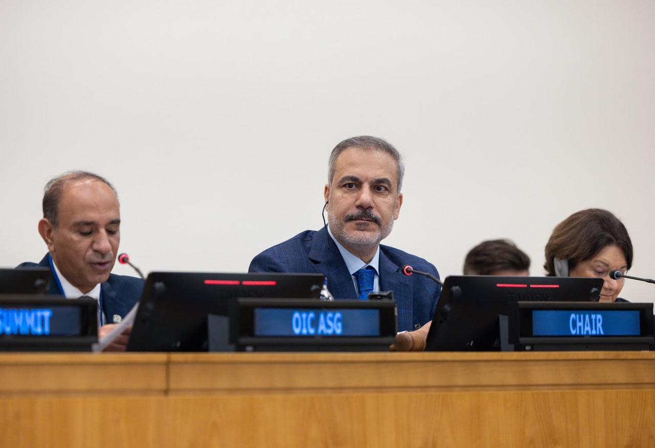 Turkish Foreign Minister Hakan Fidan chairs the Annual Coordination Meeting of the Organization of Islamic Cooperation (OIC) Foreign Ministers, held on the sidelines of the 80th United Nations General Assembly high-level week, in New York, U.S. on Sept. 26, 2025. (AA Photo)