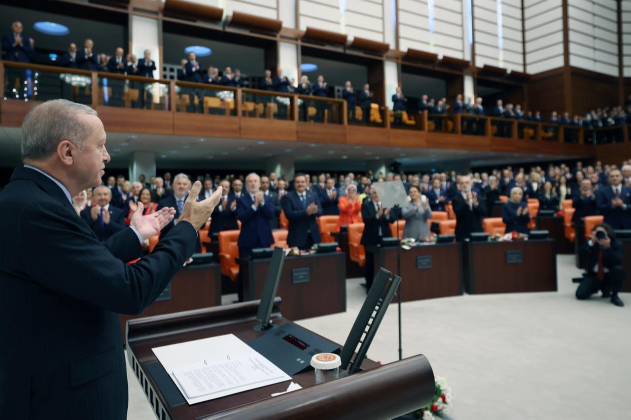 Turkish President Recep Tayyip Erdogan makes a speech during the opening Session of the 4th Legislative Year of the 28th Term of Parliament in Ankara, Türkiye on Oct. 1, 2025. (AA Photo)