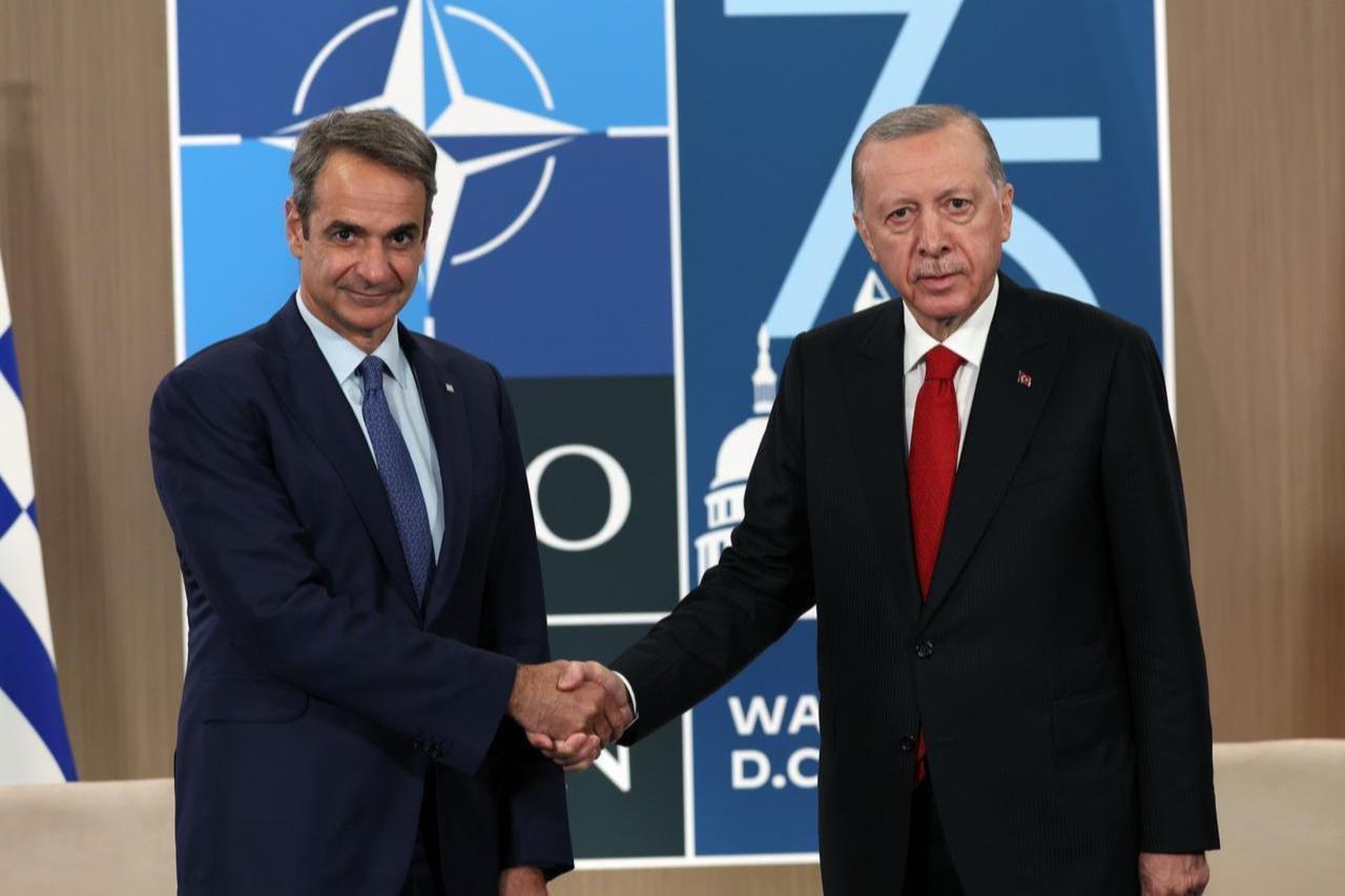 President Recep Tayyip Erdogan with Greek Prime Minister Kyriakos Mitsotakis during the 75th NATO anniversary summit, Washington, United States, July 10, 2024. (AA Photo)