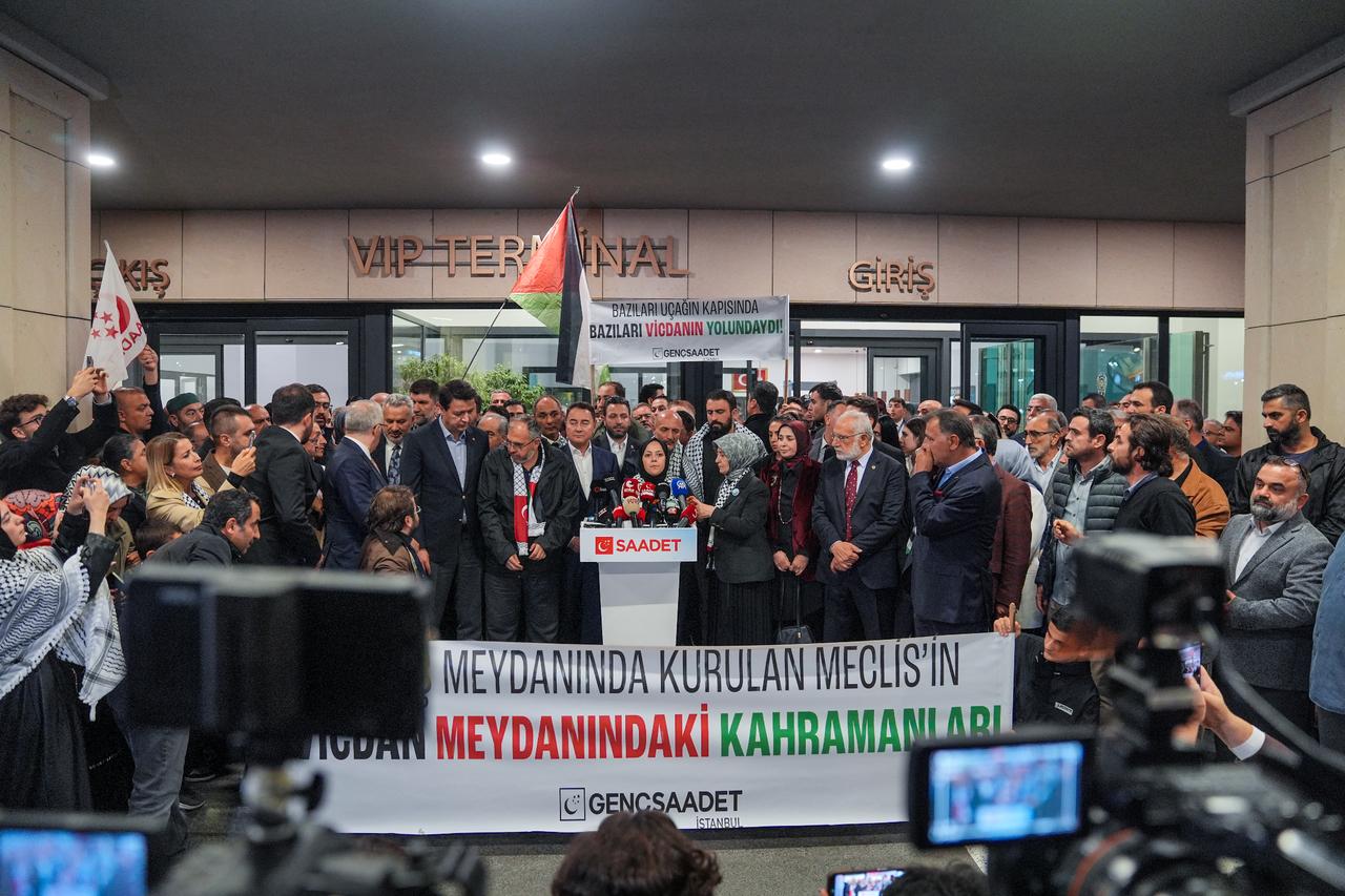 Three Turkish members of parliament who were aboard a Freedom Flotilla Coalition vessel unlawfully seized by Israel arrived in Istanbul, Türkiye on Oct. 9, 2025. (AA Photo)