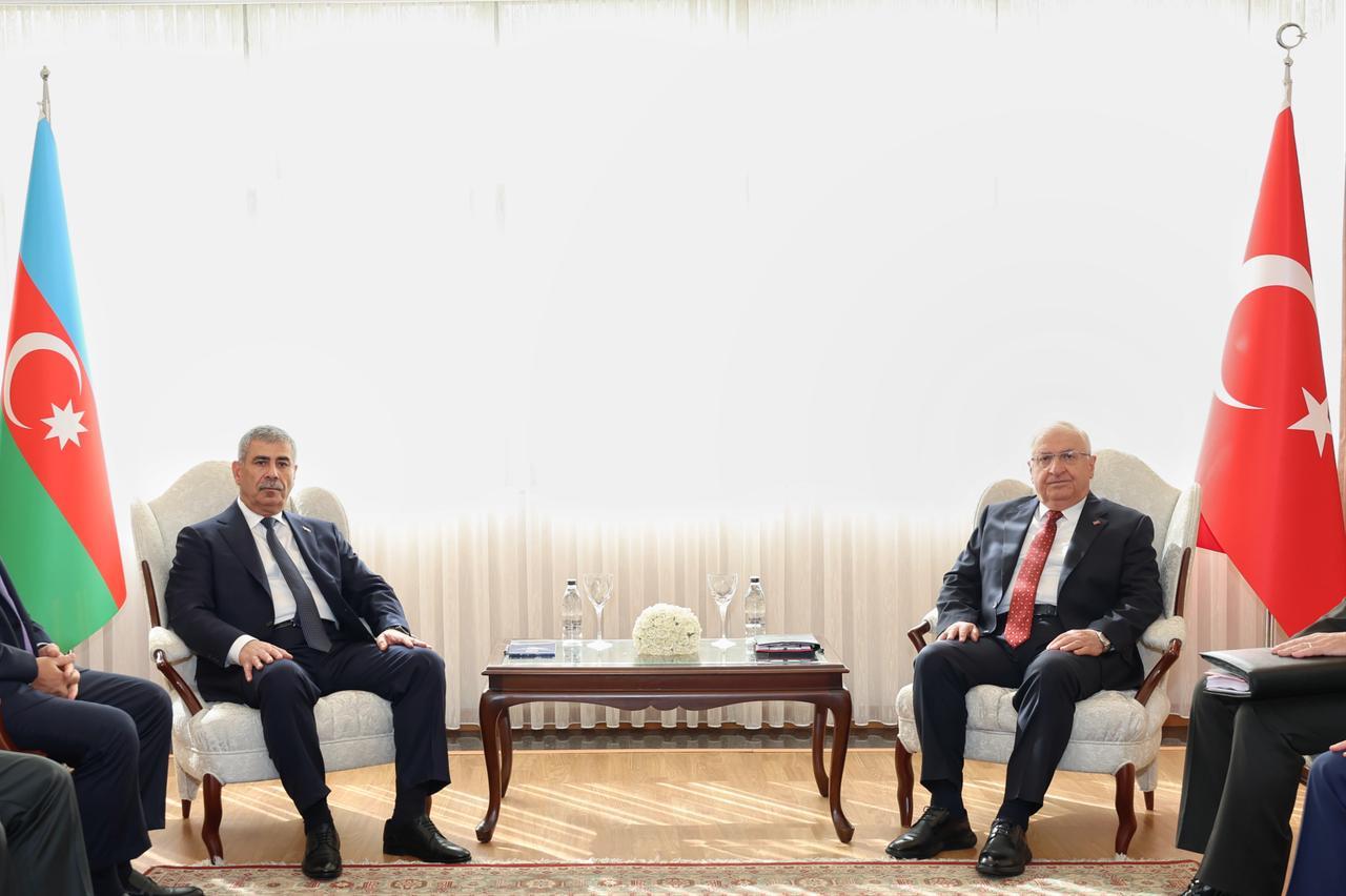 Defense Minister Yasar Guler (R) meets with Azerbaijani counterpart Zakir Hasanov (L) as part of Trilateral Defense Ministerial Meeting of Türkiye, Azerbaijan, and Georgia, Oct. 9, 2025 in Ankara, Türkiye. (Photo via Turkish National Defense Ministry)