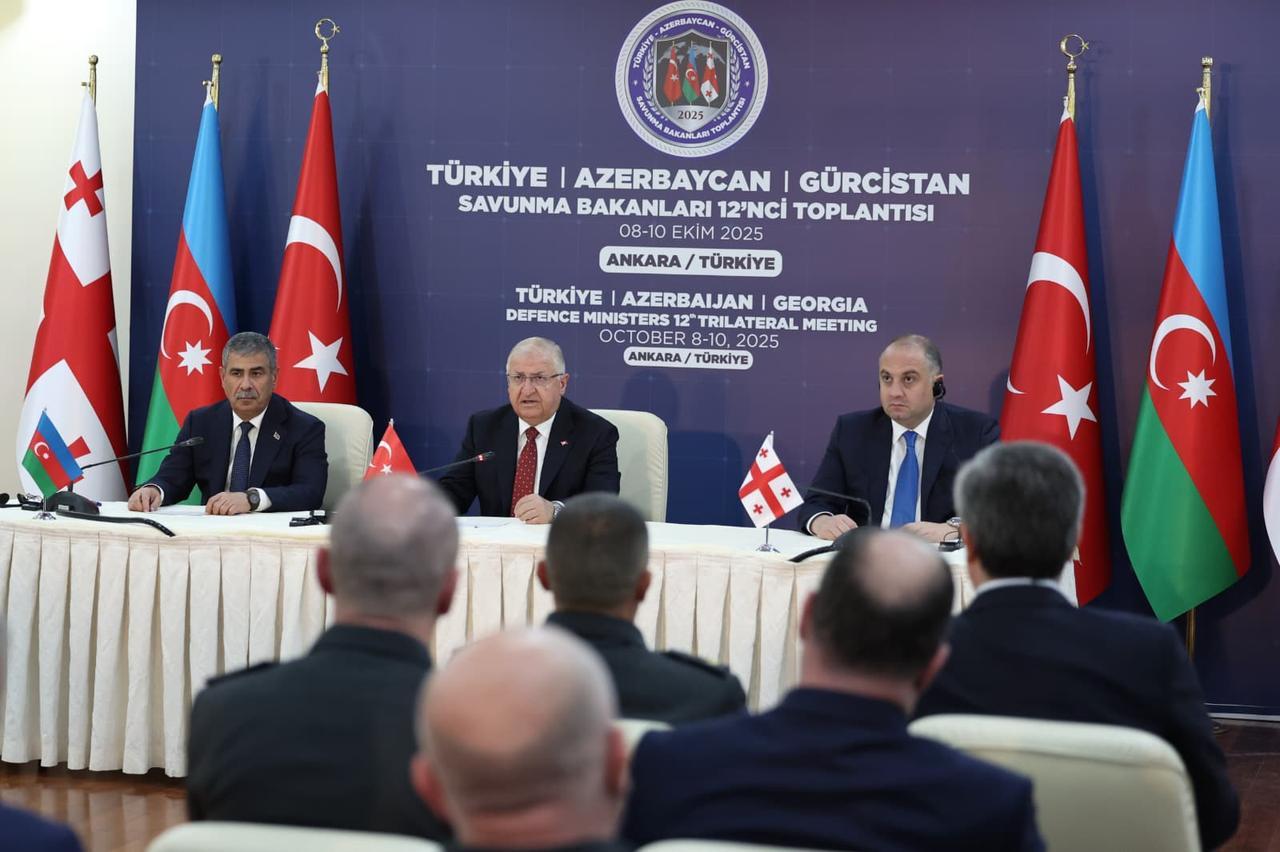 Defense Minister Yasar Guler (C) speaks during the Trilateral Defense Ministerial Meeting of Türkiye, Azerbaijan, and Georgia, Oct. 9, 2025, in Ankara, Türkiye. (Photo via Turkish MoD)