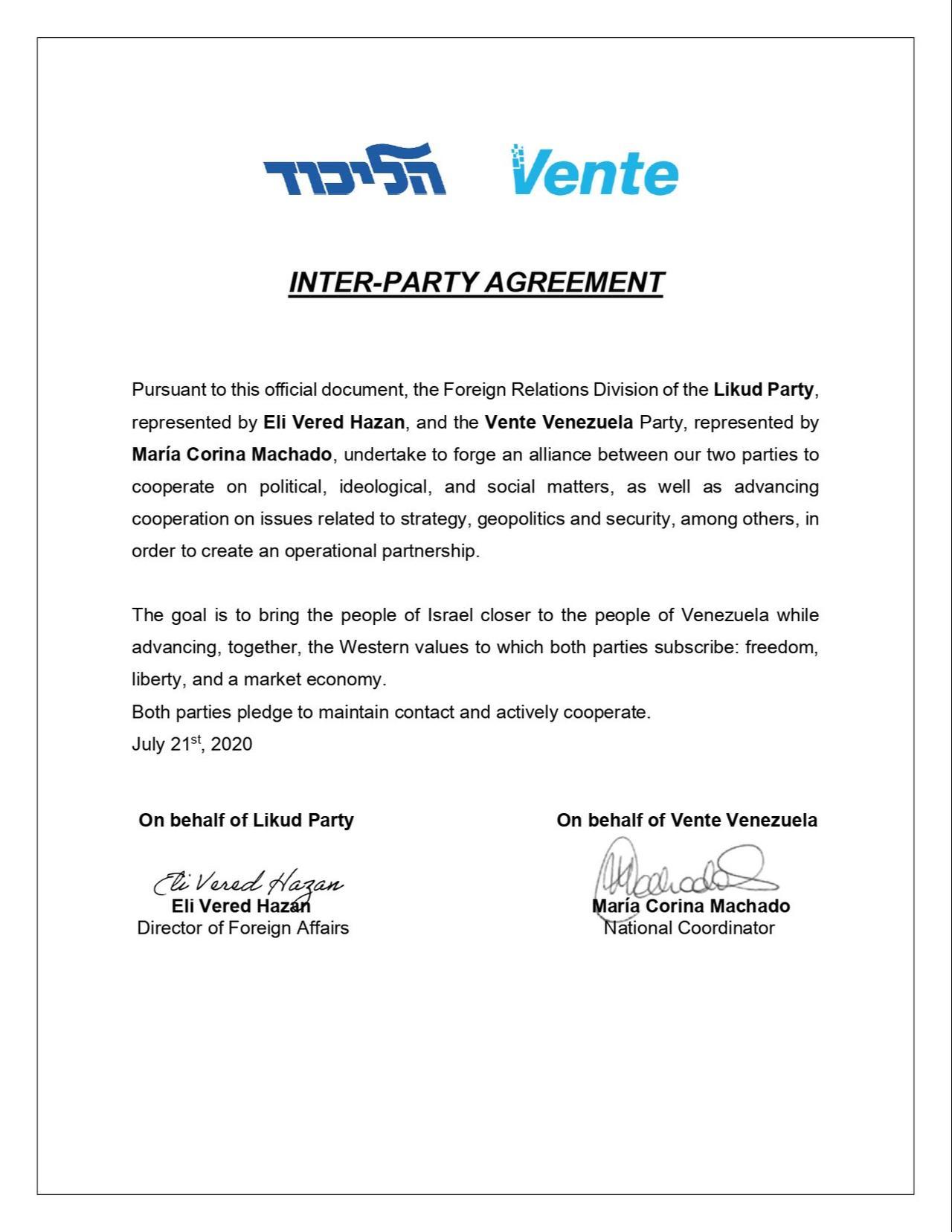 Machado’s cooperation pact with Israel’s Likud Party emphasizes democracy, security, and shared strategic interests, July 2020. (Photo by Vente Venezuela press release)