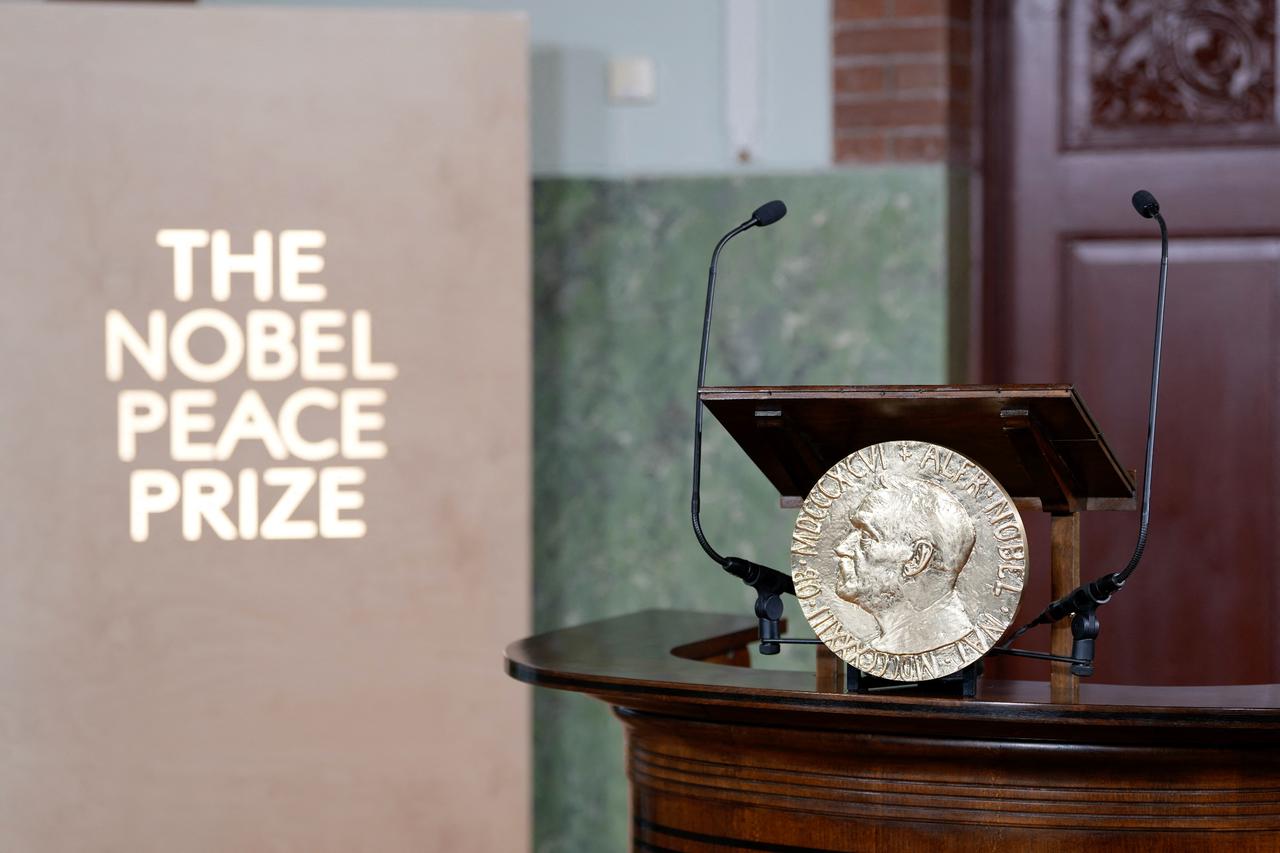 View of the rostrum from which will be announced the winner of the 2025 Nobel Peace Prize at the Norwegian Nobel Institute in Oslo, on Oct. 10, 2025. (AFP Photo)