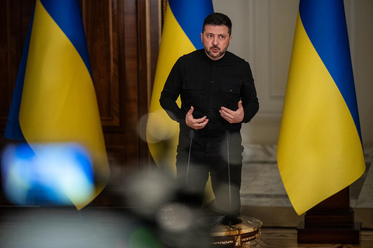 Ukrainian President Volodymyr Zelenskyy is seen speaking at a press conference after a Russian drone and missile attack on Ukraine in Kyiv, Ukraine, on Oct. 10, 2025. (AA Photo)