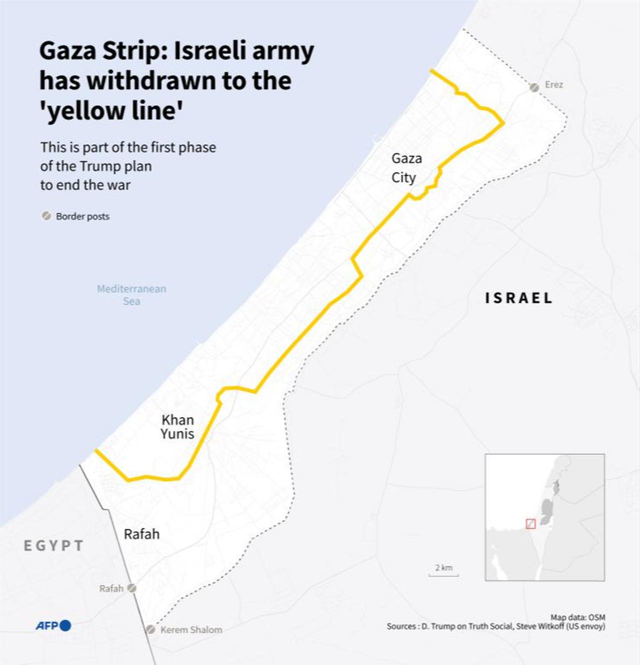 ABD elçisi Steve Witkoff'a göre İsrail ordusunun 10 Ekim itibarıyla kuvvetlerini geri çektiği 'sarı çizgiyi' gösteren Gazze Şeridi haritasının yer aldığı infografik, 12 Ekim 2025'te erişildi. (AFP Graphics)