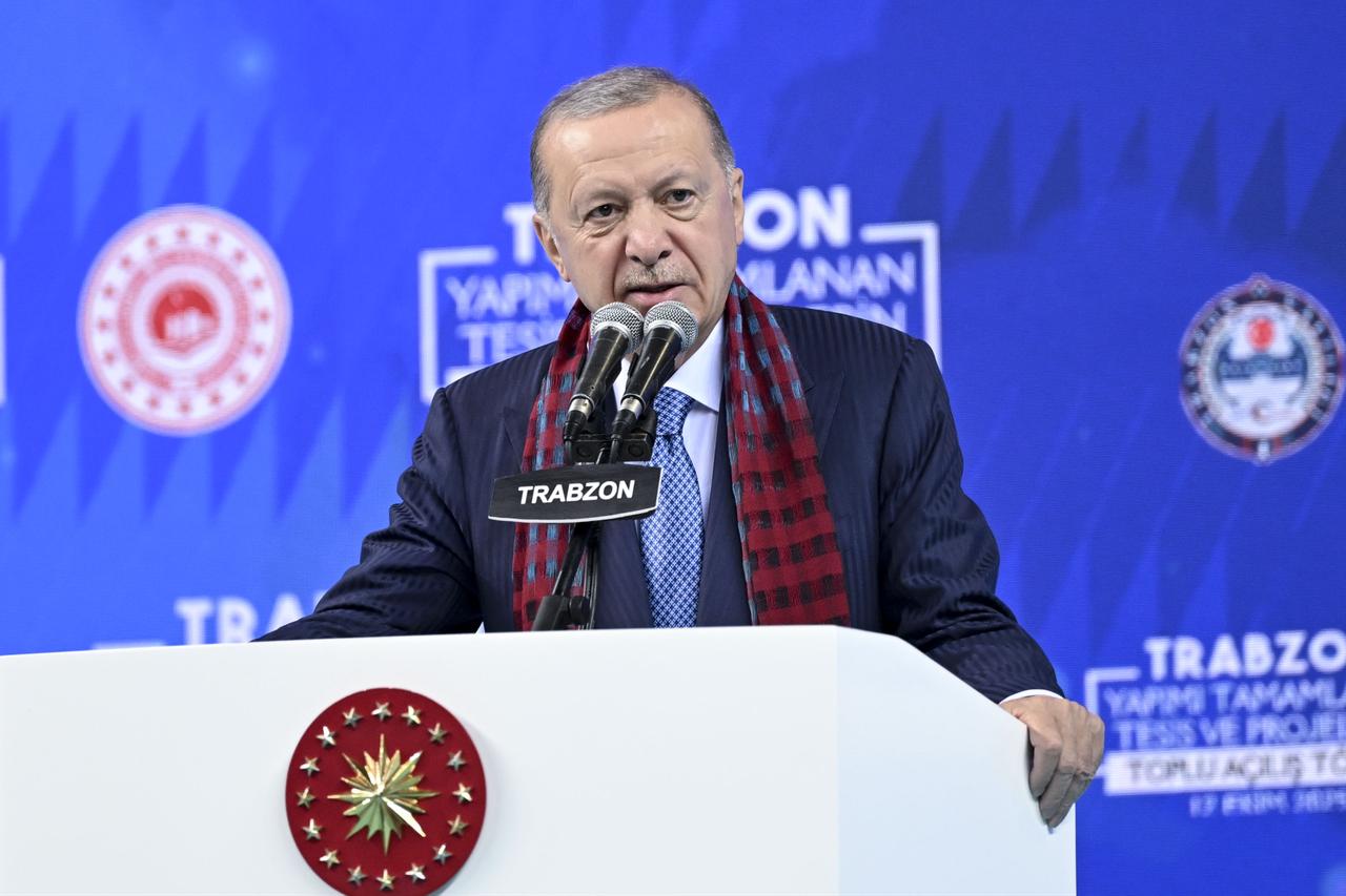 Turkish President Recep Tayyip Erdogan speaks during the opening ceremony of newly-built facilities and projects in Trabzon, Türkiye at Hayri Gur Sports Hall on Oct. 12, 2025. (AA Photo)