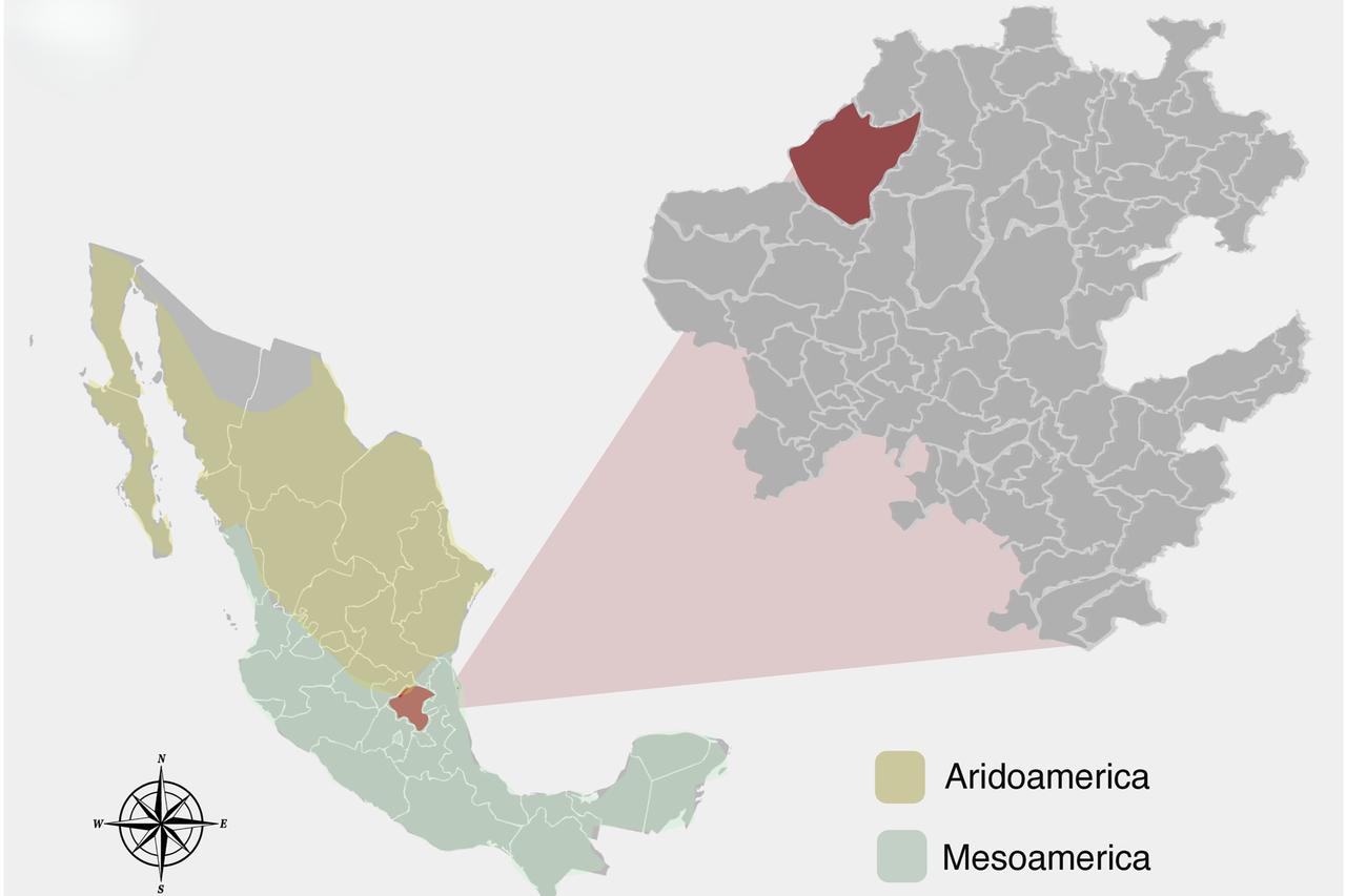 Map of Mexico showing in red the state of Hidalgo and the locality of Zimapan, where the individual was discovered. Brown and green shading mark the cultural regions of Aridoamerica (brown) and Mesoamerica (green). (Image via Rene Cerritos/PLOS One)