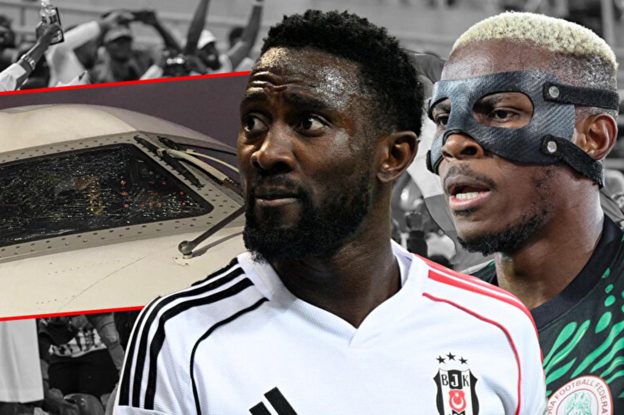 Nigeria’s national football stars Wilfred Ndidi of Besiktas (center) and Victor Osimhen of Galatasaray (right) were among the passengers aboard the flight that made an emergency landing after the aircraft’s windshield cracked midair. (Photo collage by Zspor)