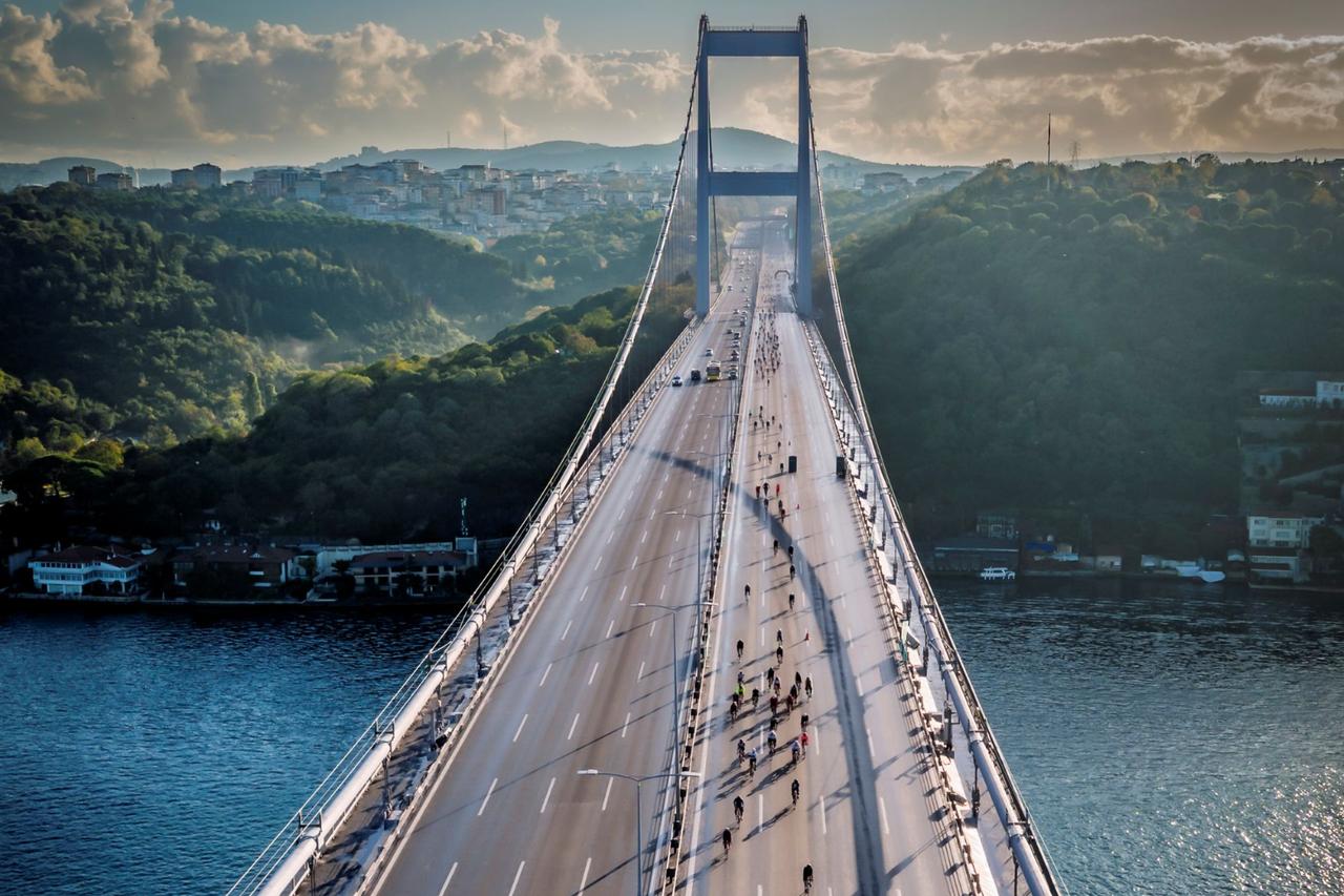 An aerial view of riders pedaling over the Bosphorus on the Fatih Sultan Mehmet Bridge during L’Étape Türkiye by Tour de France, Oct. 12, 2025. (Photo via L’Étape Türkiye by Tour de France)