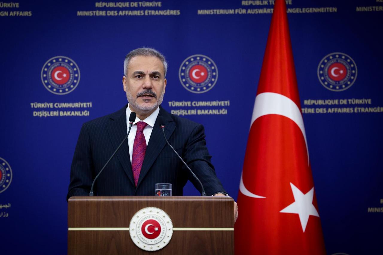 Turkish Foreign Minister Hakan Fidan and Iraqi Foreign Minister Fuad Hussein (not seen) hold a joint press conference in Ankara, Tükiye, Oct. 10, 2025. (Photo via Turkish Foreign Ministry)