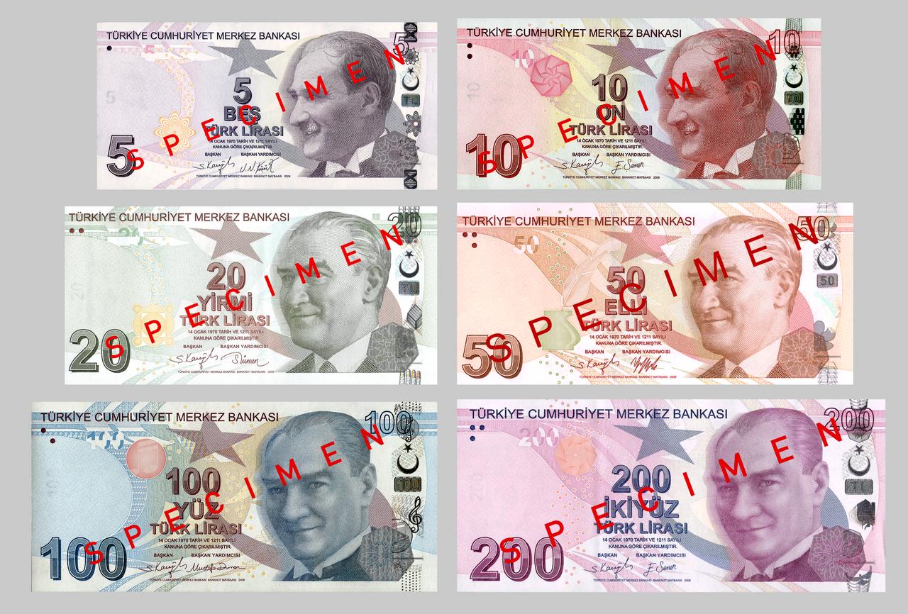 The current emission group of Turkish lira banknotes — ₺5, ₺10, ₺20, ₺50, ₺100, and ₺200 — was introduced by the Central Bank of the Republic of Türkiye in 2009. (Photo via en.wikipedia.org)