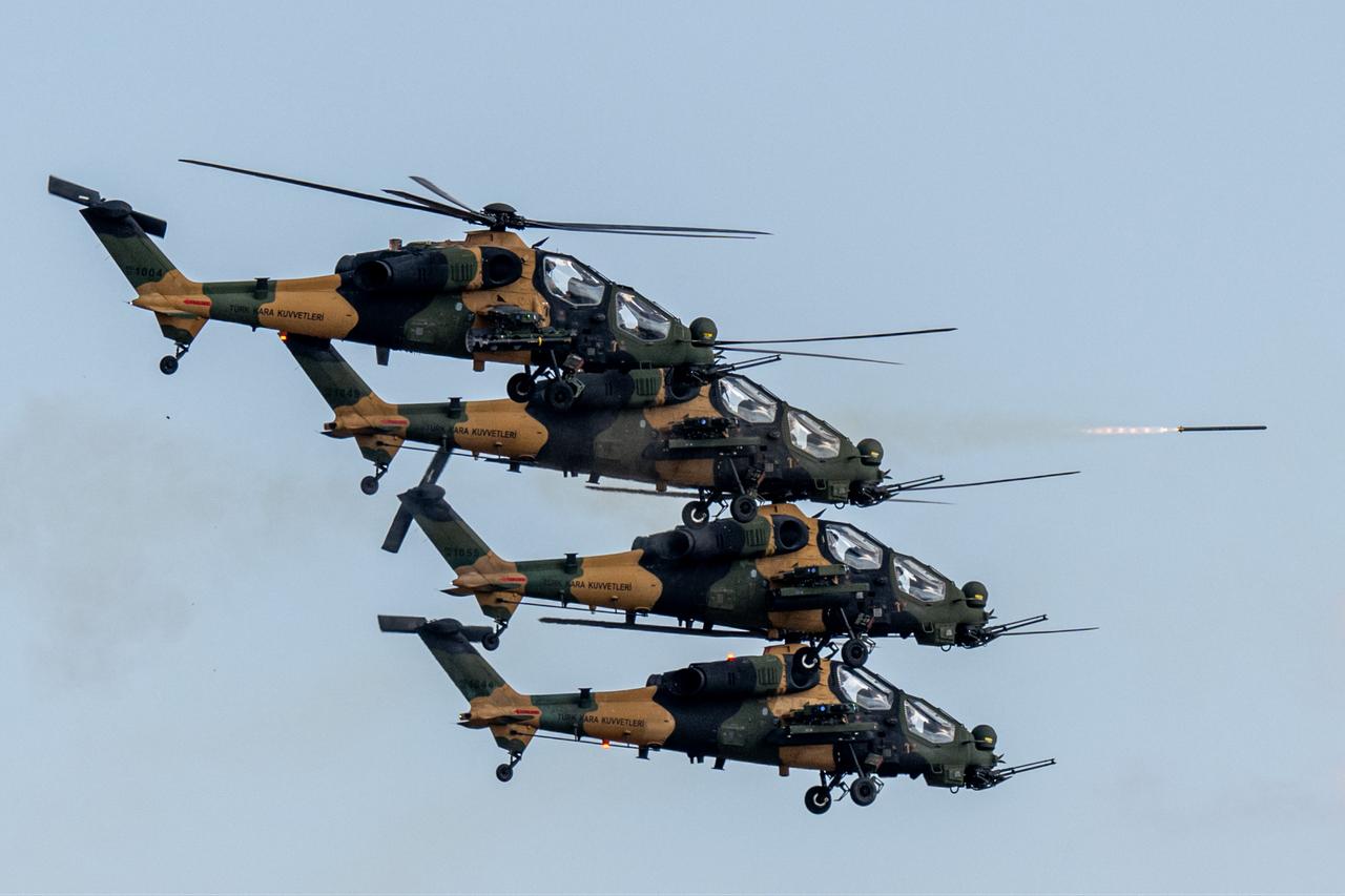 ATAK attack helicopters are seen during the  Fire Free-2025  exercise, at the General Nahit Senoglu Firing and Training Range in the Polatli district of Ankara, Türkiye, Oct. 11, 2025. (AA Photo)