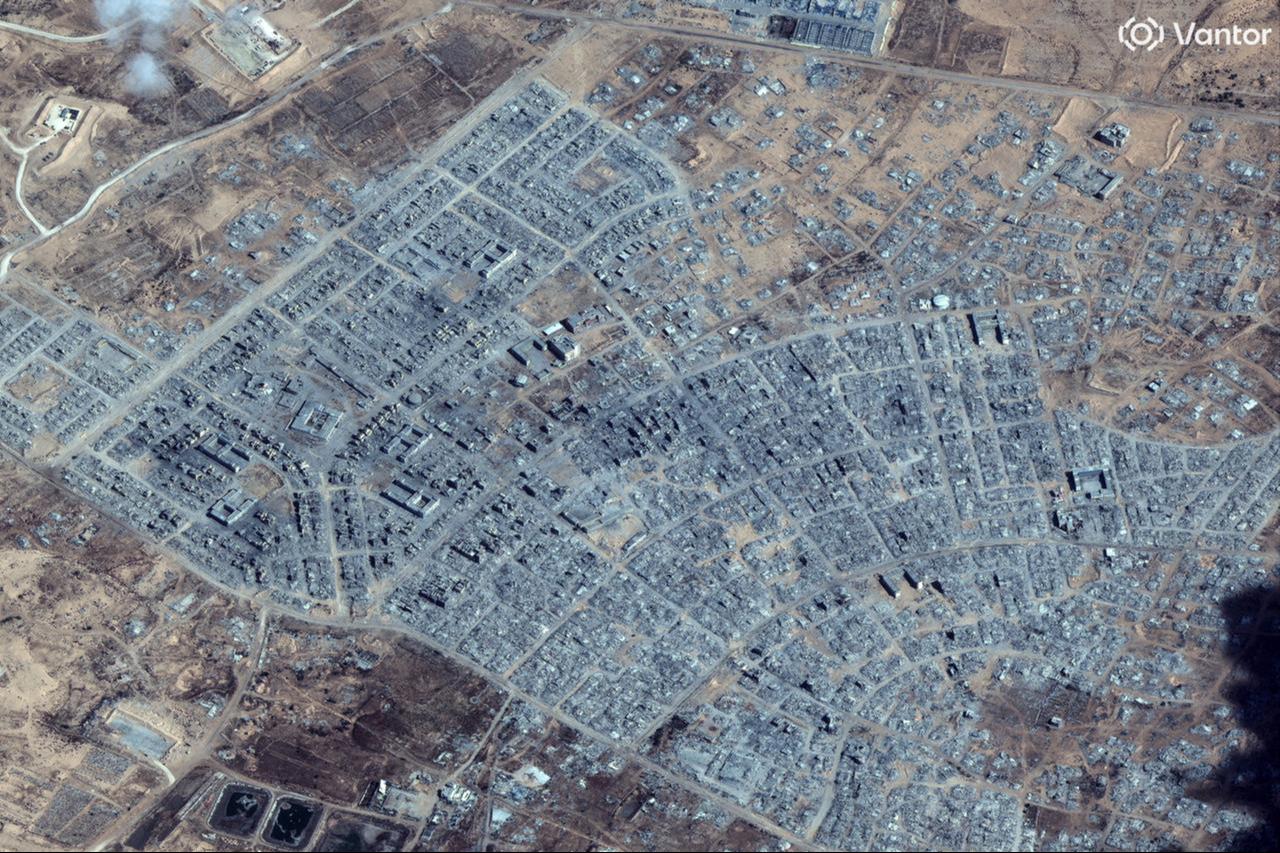 This handout satellite image courtesy of Vantor, shows a view of the destruction in Rafah in the southern Gaza Strip on October 10, 2025. (Photo by Satellite image ©2025 Vantor/AFP)