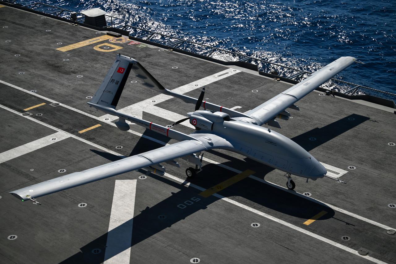 A Bayraktar TB-3 UCAV during the distinguished Observer Day activities of the Sea Wolf-I 2025 exercise, conducted by the Turkish Naval Forces Command in Antalya, Türkiye, Oct. 10, 2025. (AA Photo)