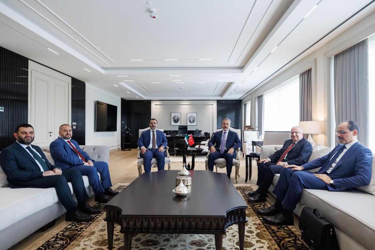 Foreign Minister Hakan Fidan (3rd R), Turkish National Defense Minister Yasar Guler (2nd R), the head of the National Intelligence Organization Ibrahim Kalin (R) meet with Syrian officials as part of the security cooperation meeting between Turkiye and Syria in Ankara, Oct. 12, 2025. (AA Photo)