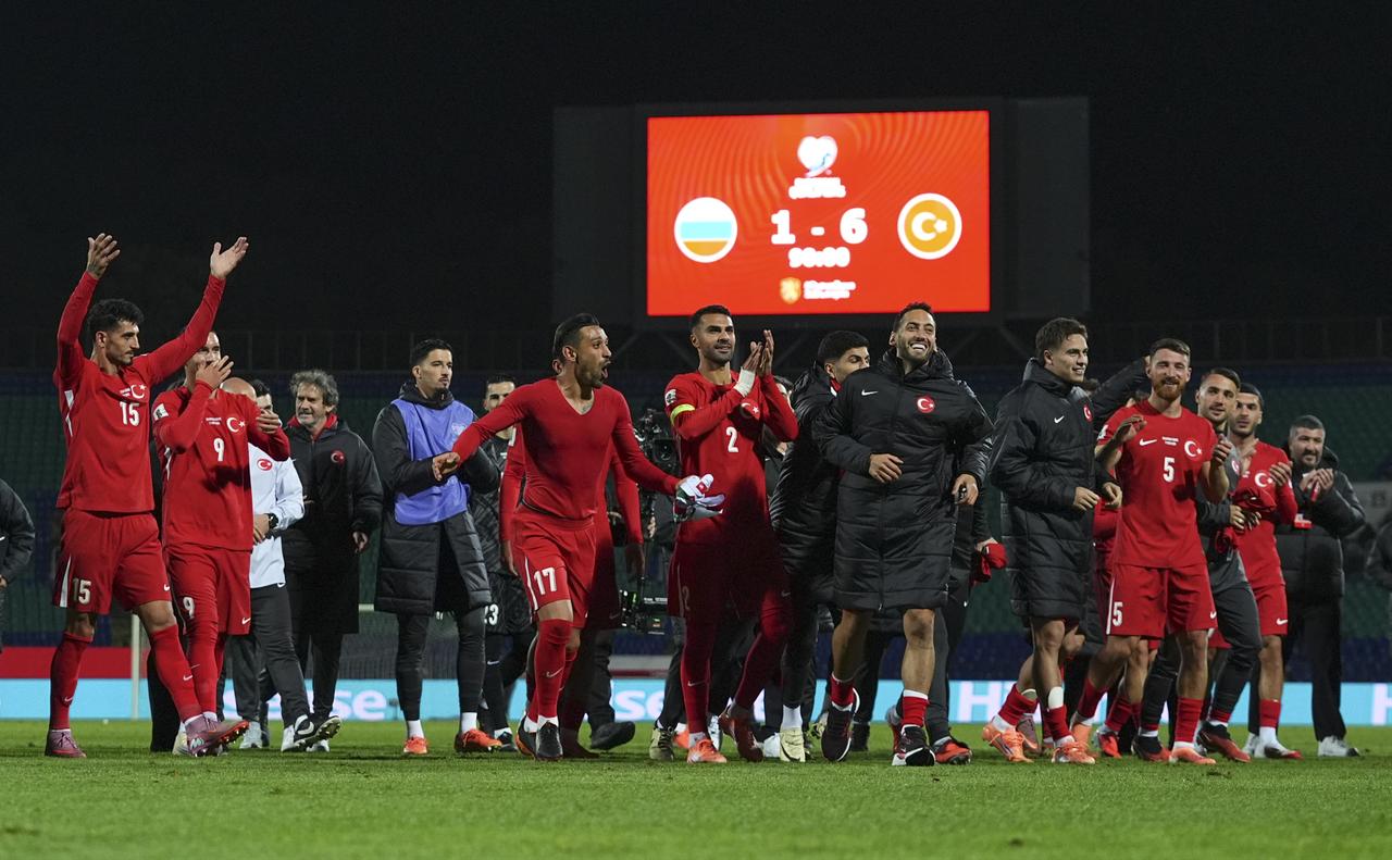 Players of Türkiye celebrate the victory after the 2026 FIFA World Cup European Qualifier Group E match between Bulgaria and Türkiye at Vasil Levski National Stadium in Sofia, Bulgaria on Oct. 11, 2025. (AA Photo)